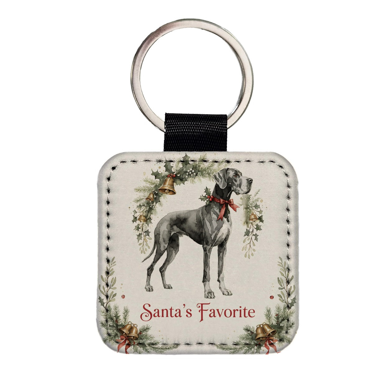 Great Dane Dog Christmas Santa's Favorite Square Faux Leather Keychain