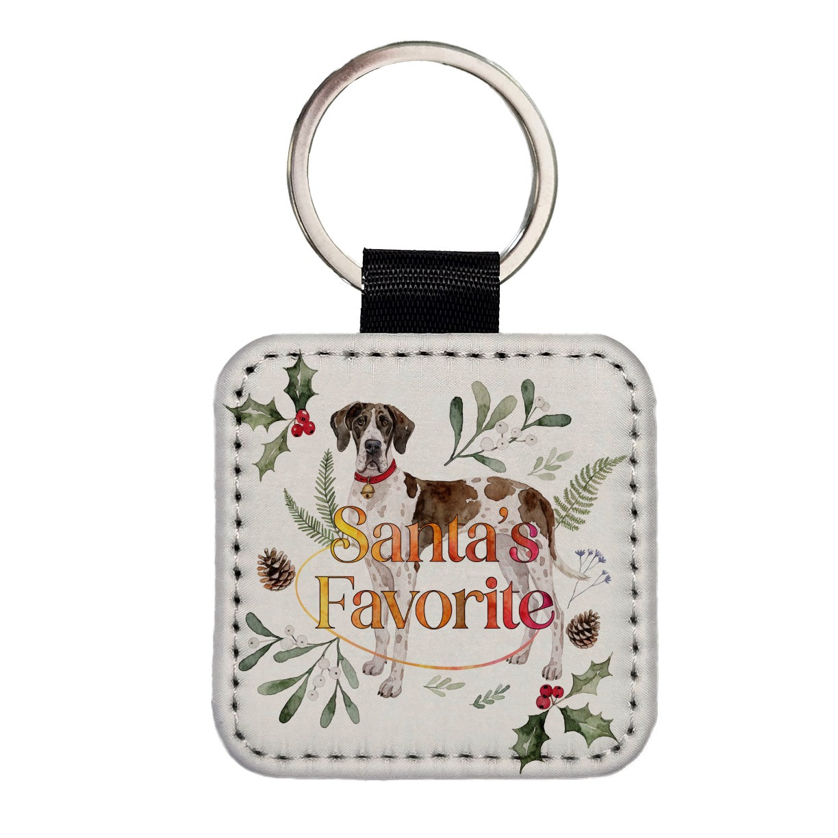 Great Dane Watercolor Dog Christmas Santa's Favorite Square Faux Leather Keychain