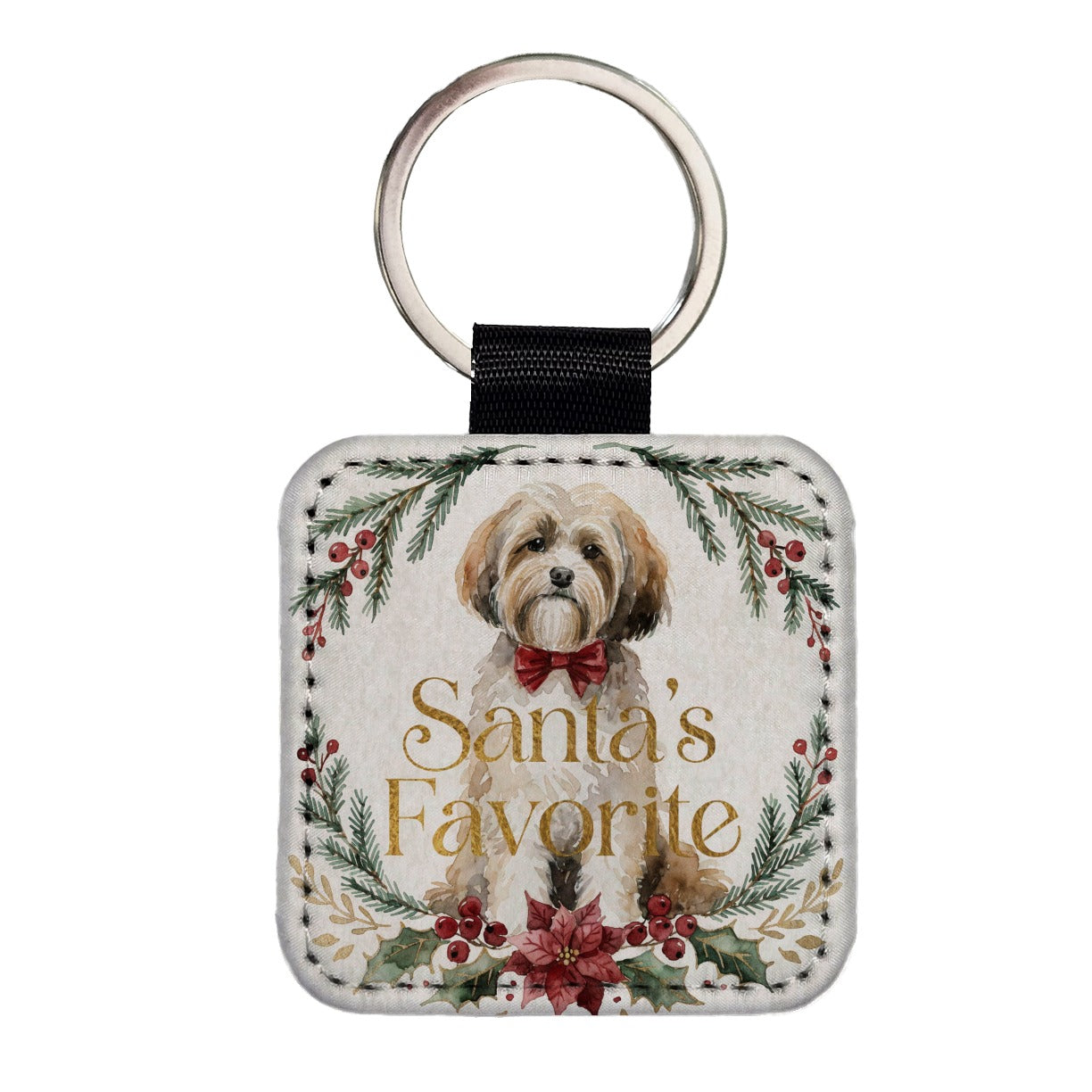 Havanese Dog Christmas Santa's Favorite Square Faux Leather Keychain