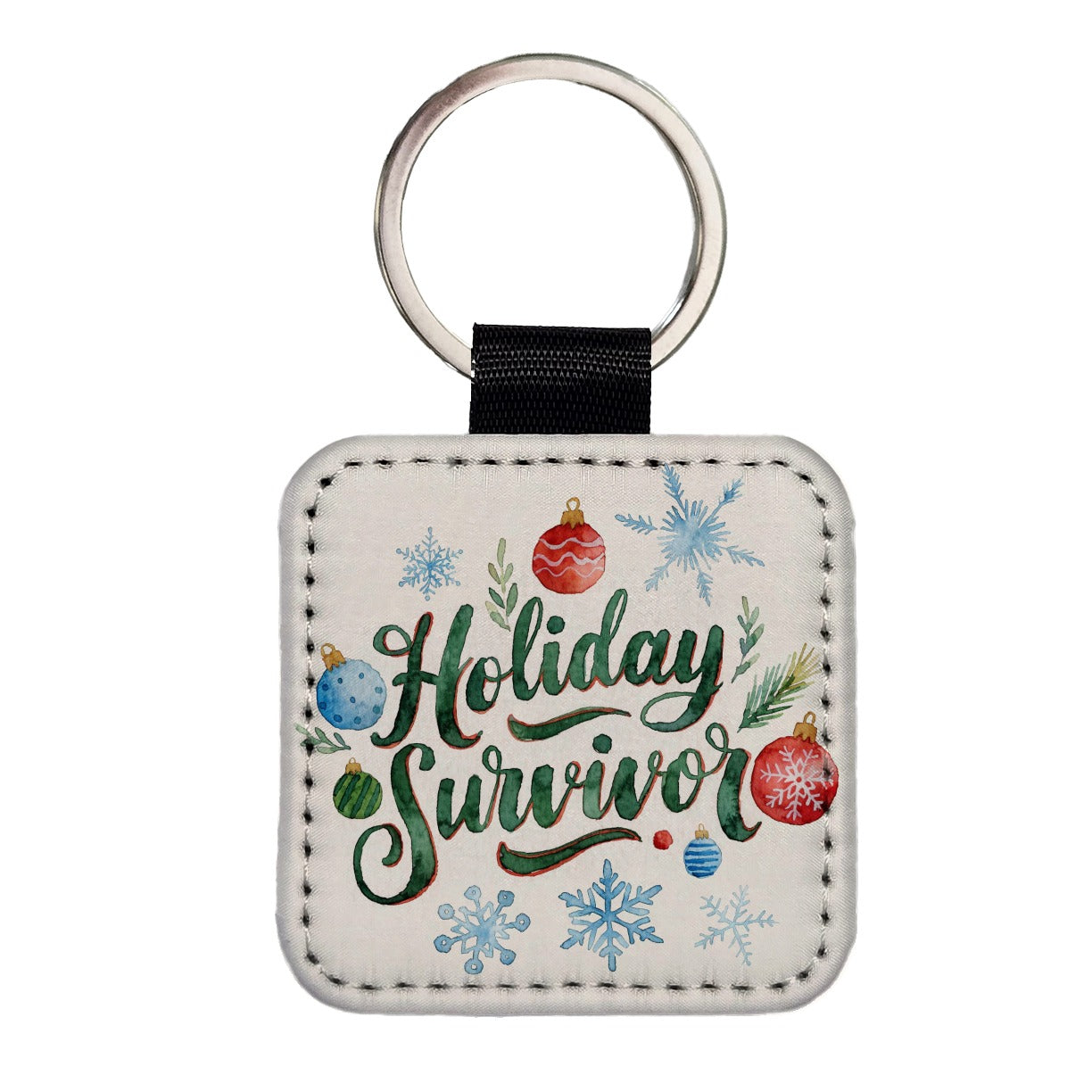 Holiday Survivor Christmas Green Script Square Faux Leather Keychain