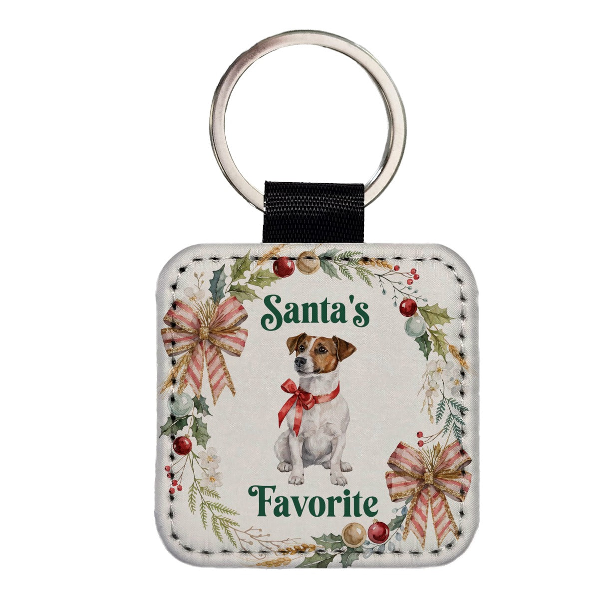 Jack Russell Terrier Dog Christmas Santa's Favorite Square Faux Leather Keychain