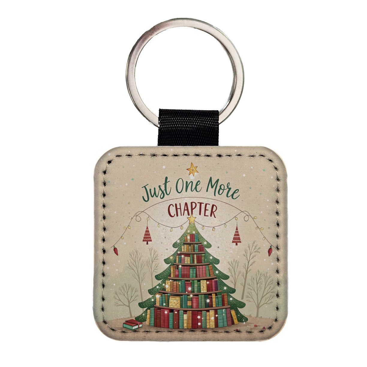 Just One More Chapter Christmas Books Square Faux Leather Keychain