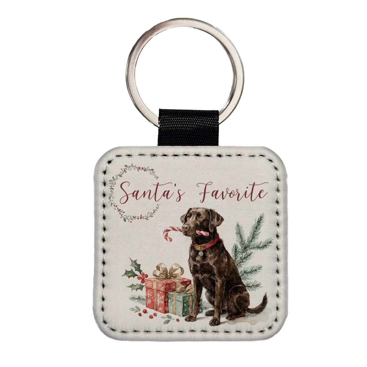 Labrador Retriever Dog Christmas Santa's Favorite Square Faux Leather Keychain
