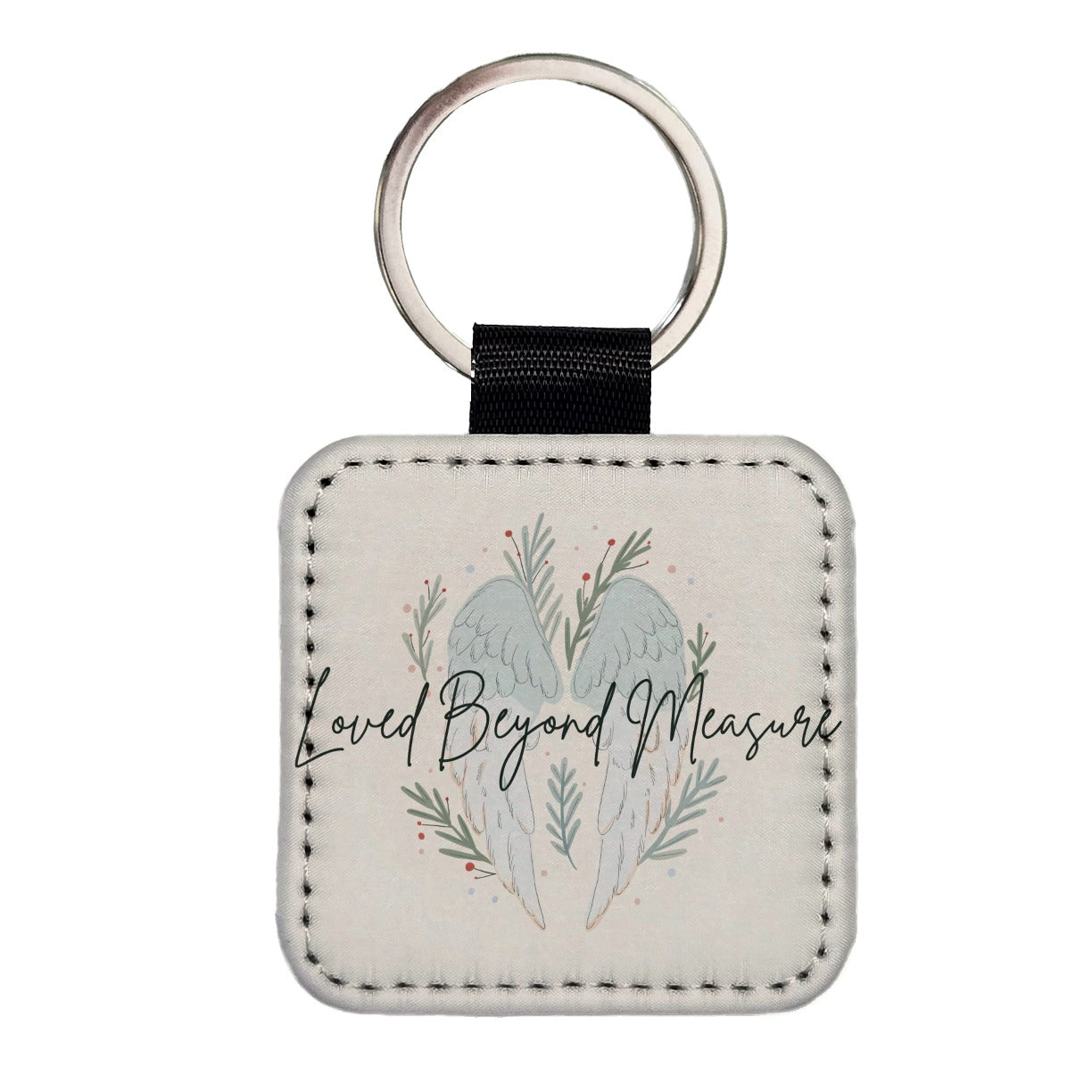 Loved Beyond Measure Christmas Angel Wings Square Faux Leather Keychain
