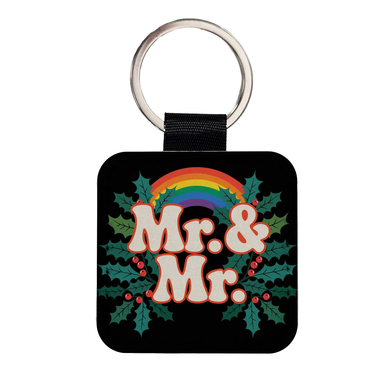 Mr and Mr Pride Gay Rainbow Christmas Bold Square Faux Leather Keychain