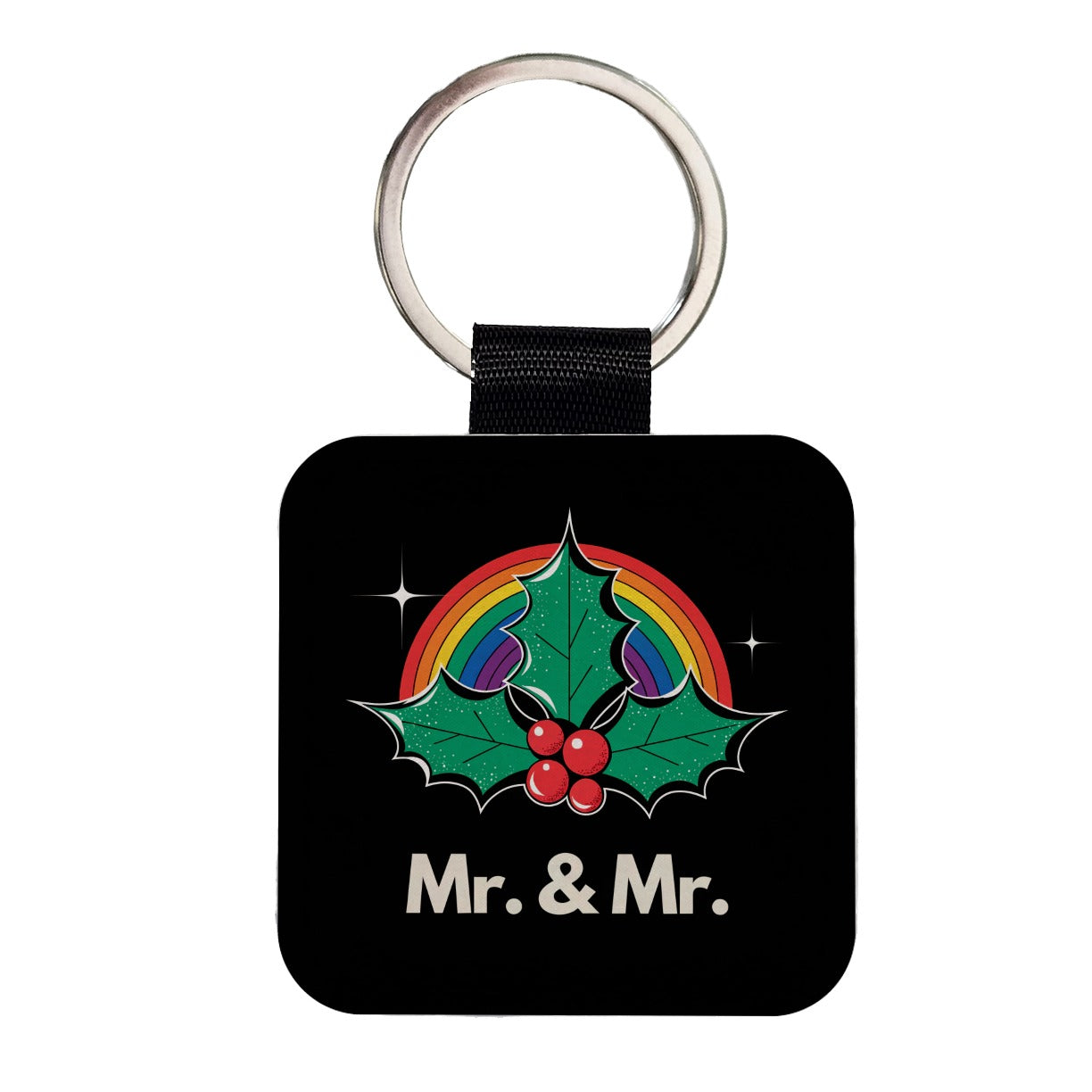 Mr and Mr Pride Gay Rainbow Christmas Square Faux Leather Keychain