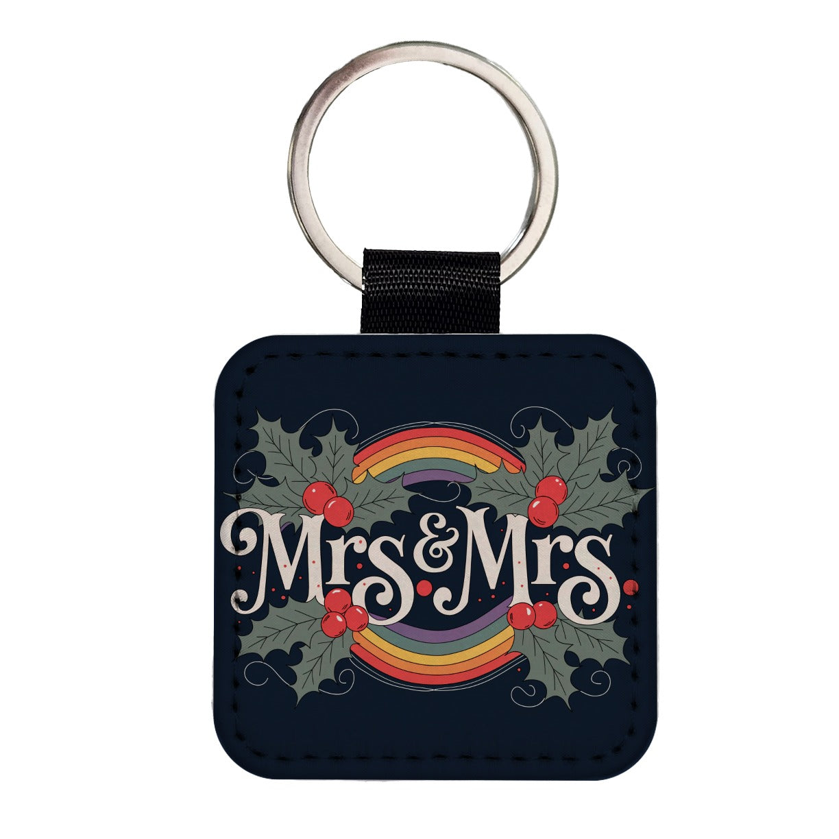 Mrs and Mrs Pride Gay Lesbian LGBTQ Double Rainbow Christmas Square Faux Leather Keychain