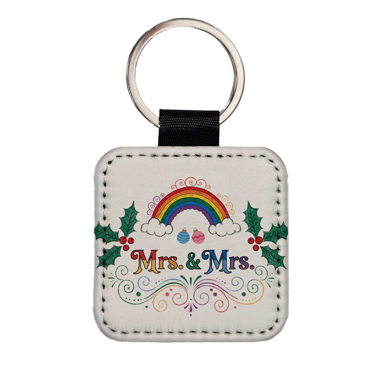 Mrs and Mrs Pride Gay Lesbian Rainbow Christmas Square Faux Leather Keychain