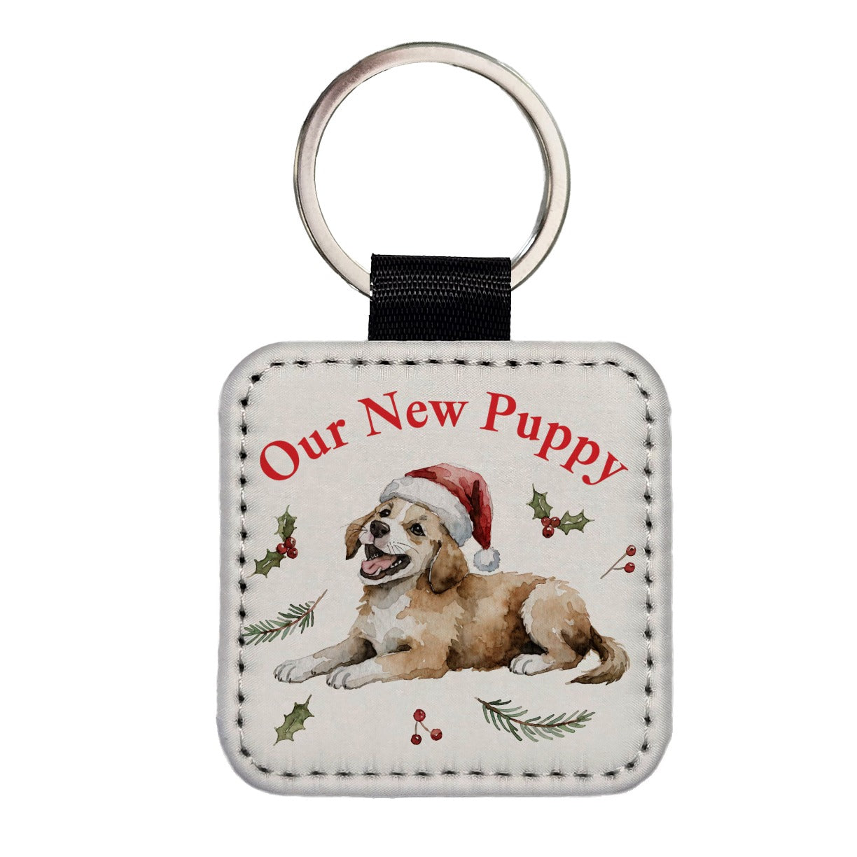 New Puppy Christmas Square Faux Leather Keychain