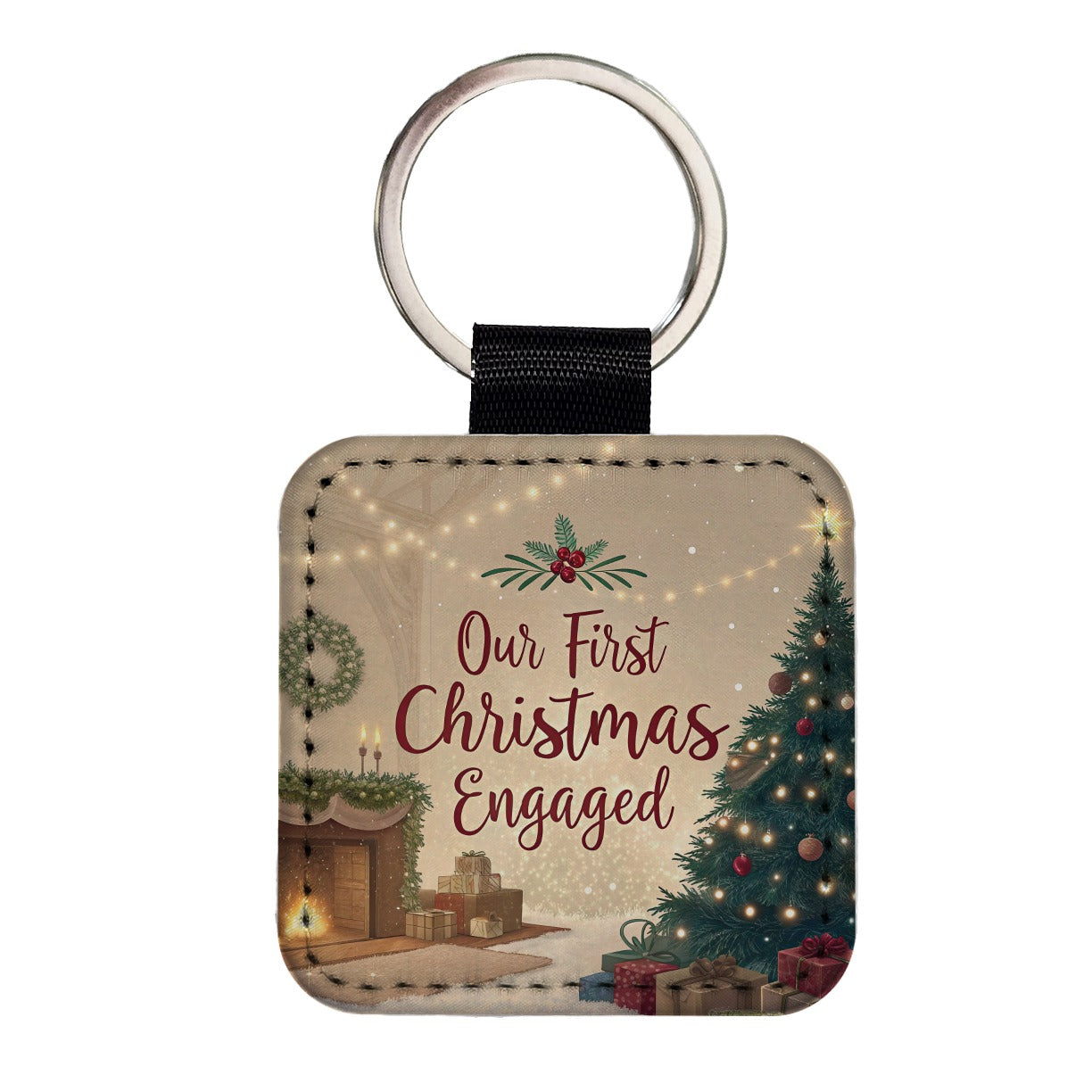 Our First Christmas Engaged Square Faux Leather Keychain