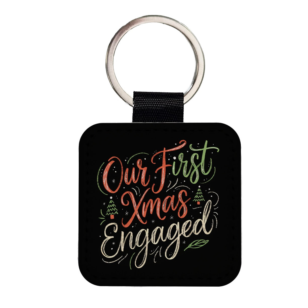 Our First Christmas Xmas Engaged Stylish Square Faux Leather Keychain