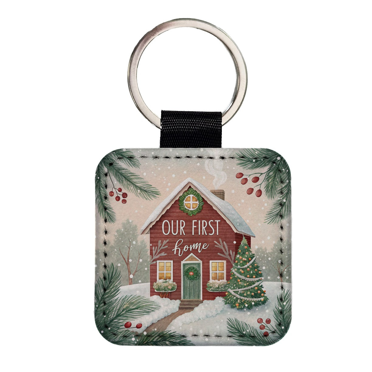 Our First Home Christmas Red House Square Faux Leather Keychain