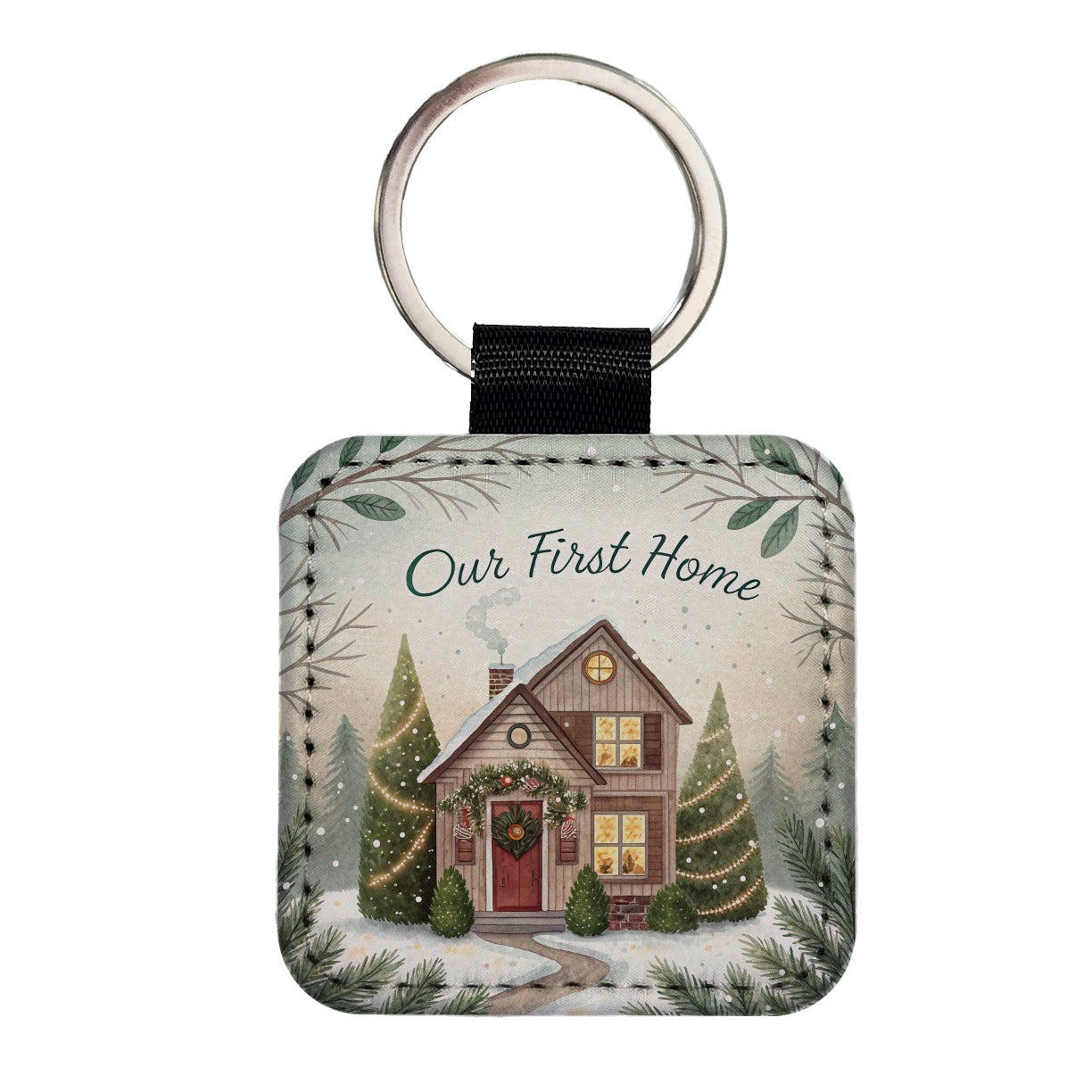 Our First Home Christmas Square Faux Leather Keychain
