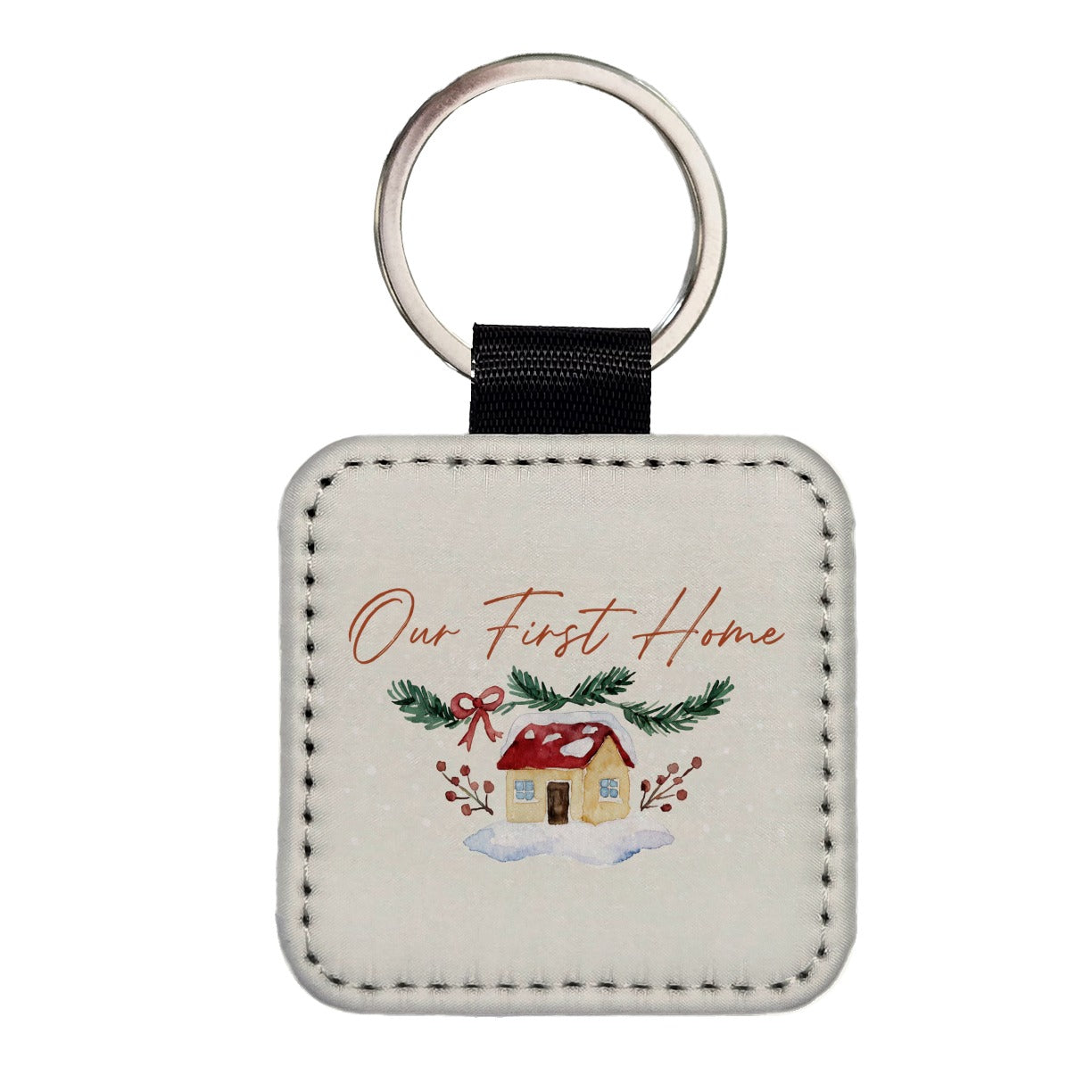Our First Home House Christmas Sweet Square Faux Leather Keychain