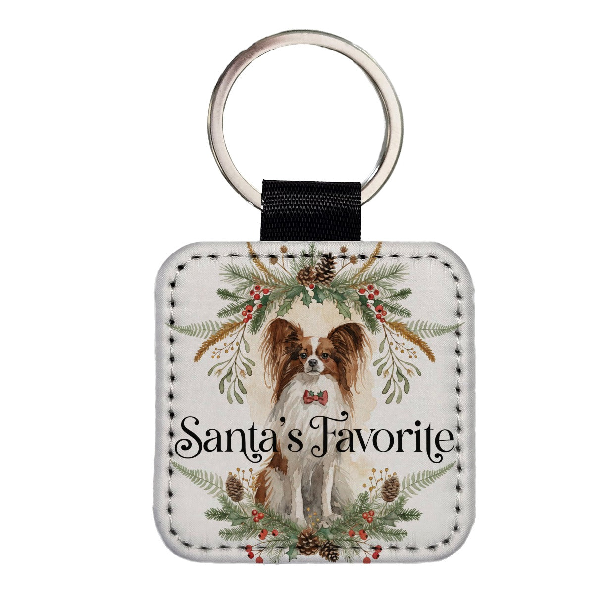 Papillon Dog Christmas Santa's Favorite Square Faux Leather Keychain