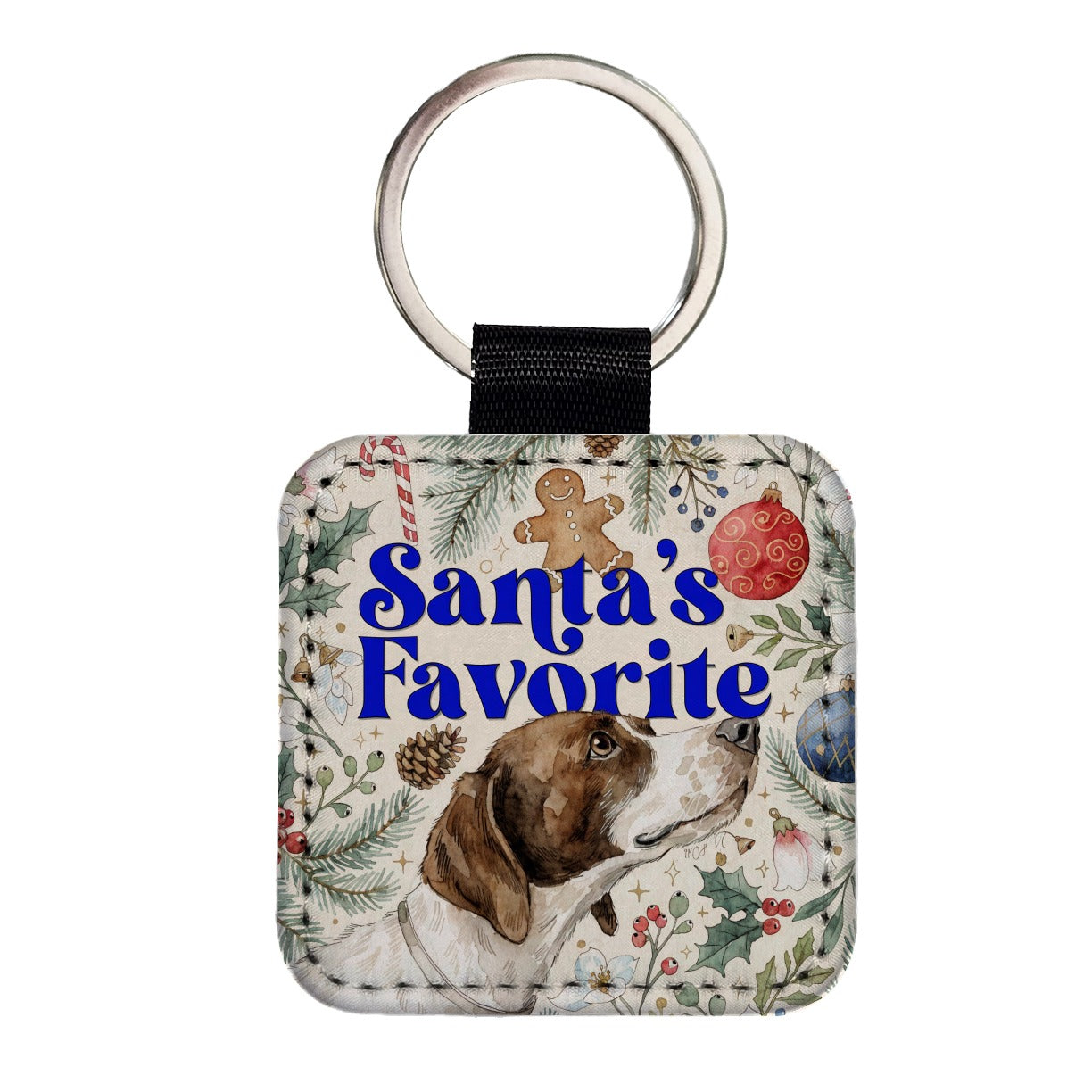 Pointer Dog Christmas Santa's Favorite Square Faux Leather Keychain