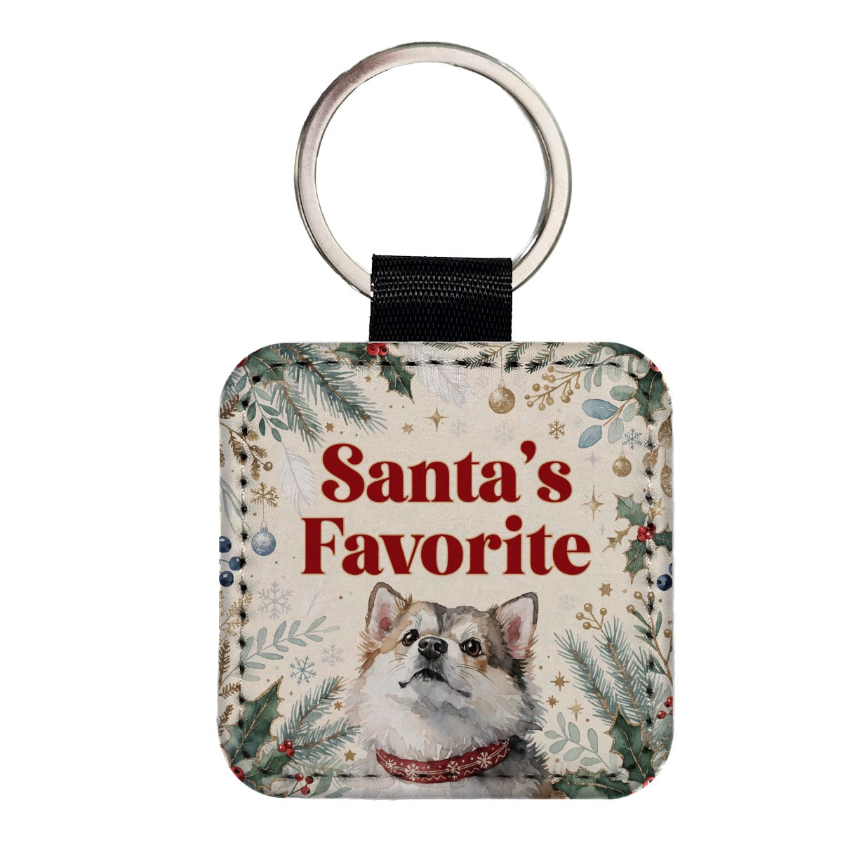 Pomsky Dog Christmas Santa's Favorite Square Faux Leather Keychain