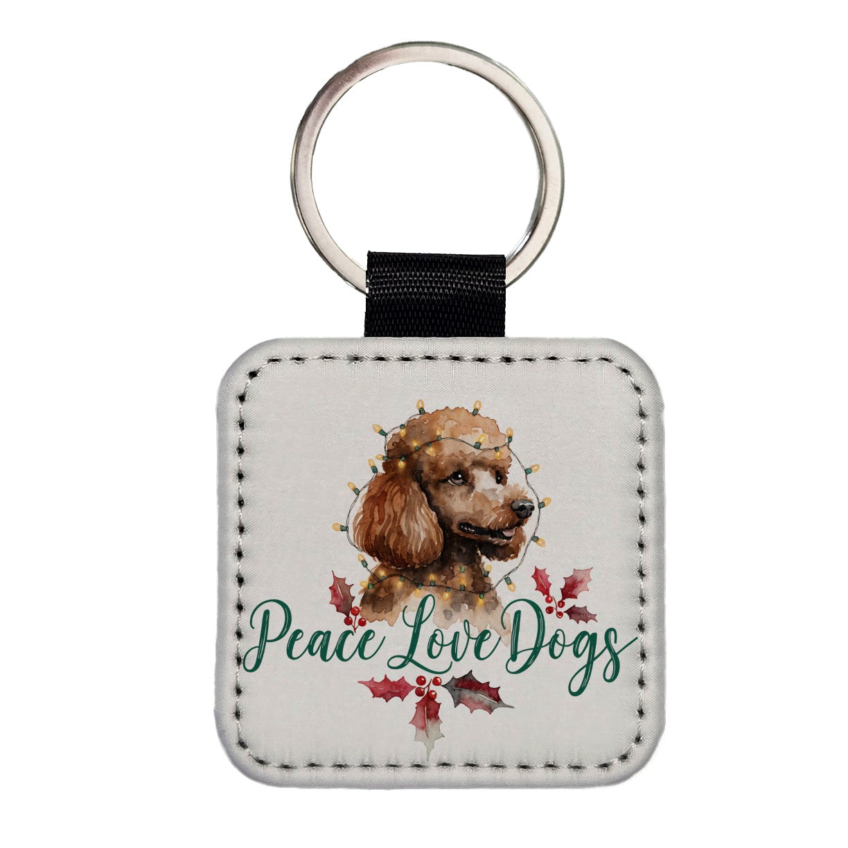 Poodle Christmas Peace Love Dogs Square Faux Leather Keychain