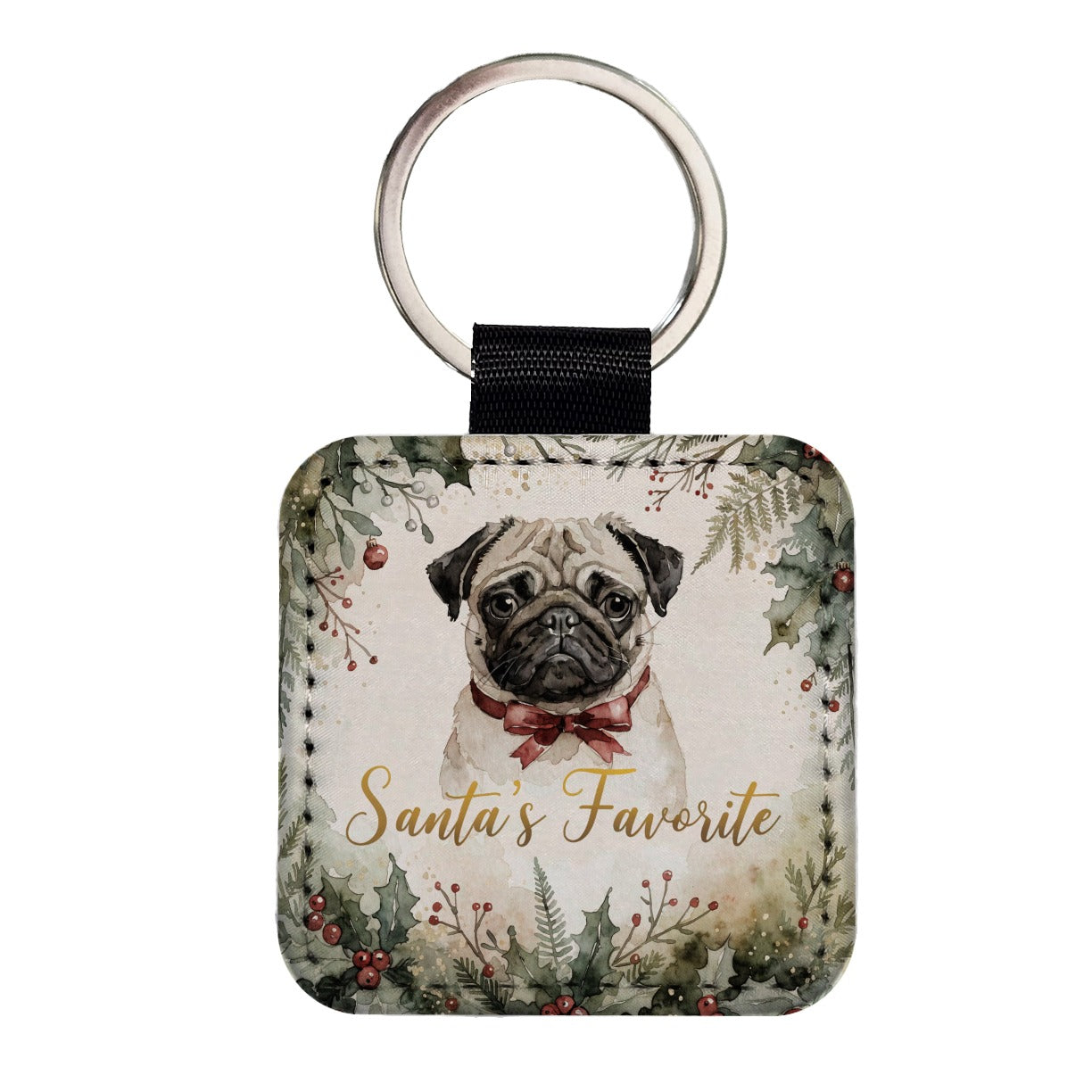 Pug Dog Christmas Santa's Favorite Square Faux Leather Keychain