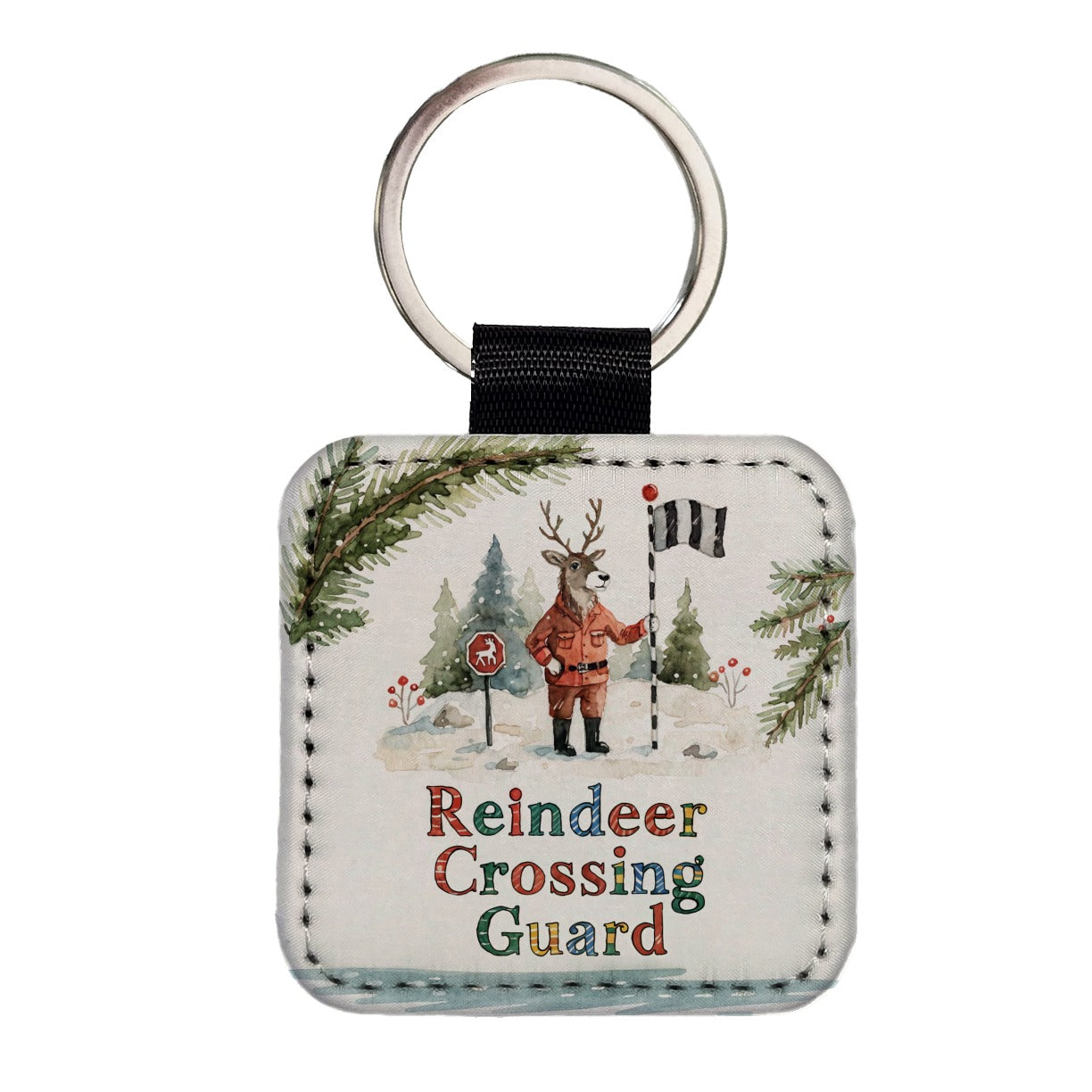 Reindeer Crossing Guard Christmas Funny Square Faux Leather Keychain