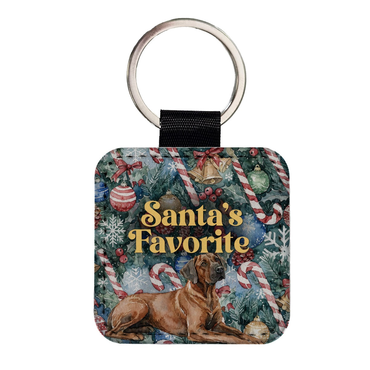 Rhodesian Ridgeback Dog Christmas Santa's Favorite Square Faux Leather Keychain
