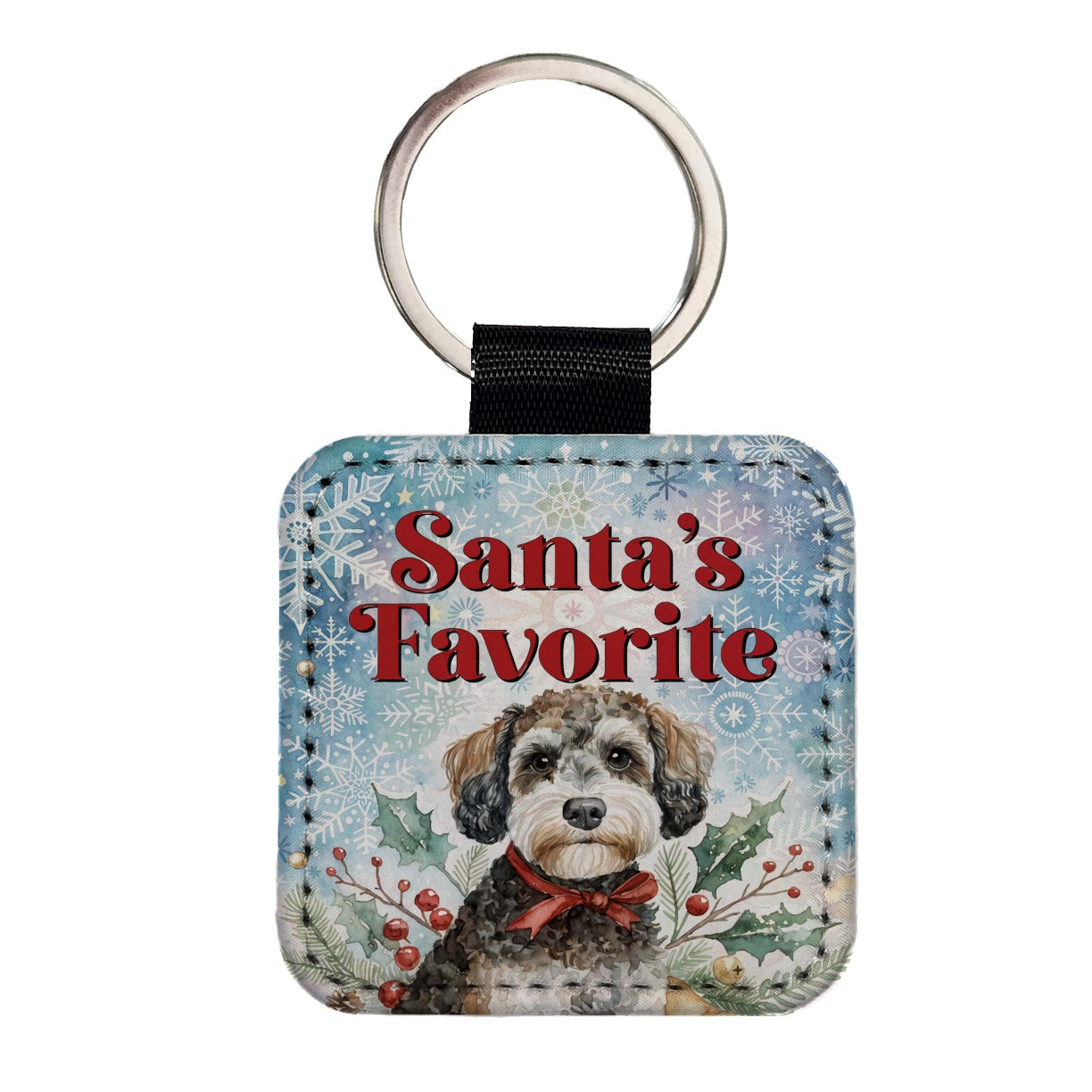Schnoodle Dog Christmas Santa's Favorite Square Faux Leather Keychain