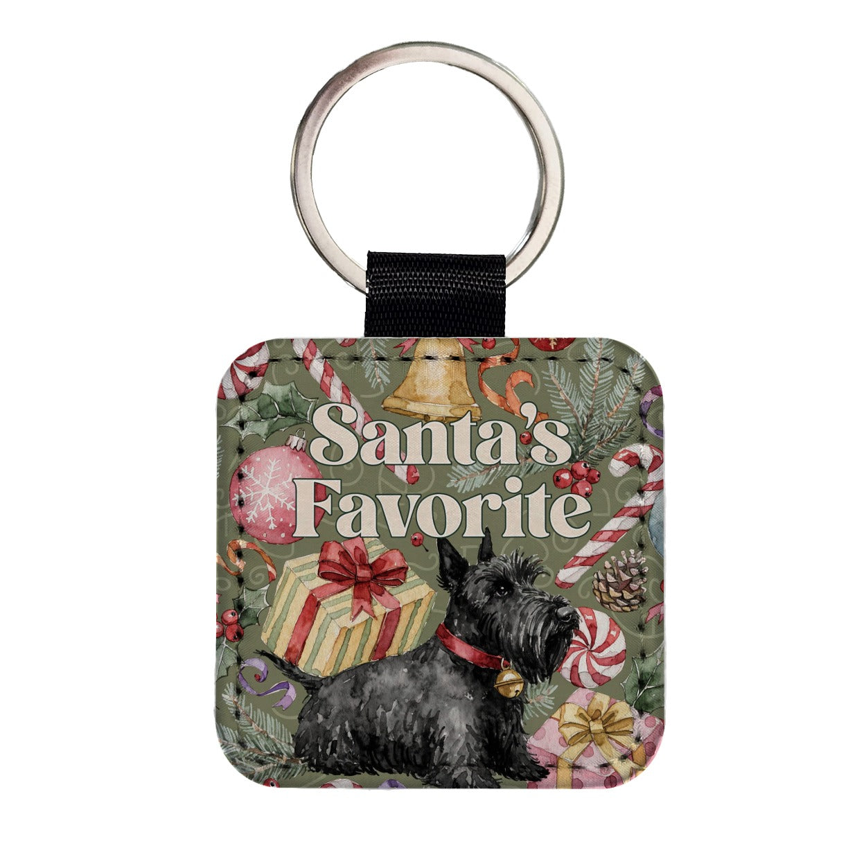Scottish Terrier Dog Christmas Santa's Favorite Square Faux Leather Keychain
