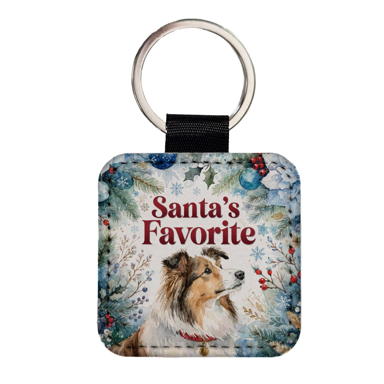 Shetland Sheepdog Christmas Santa's Favorite Square Faux Leather Keychain