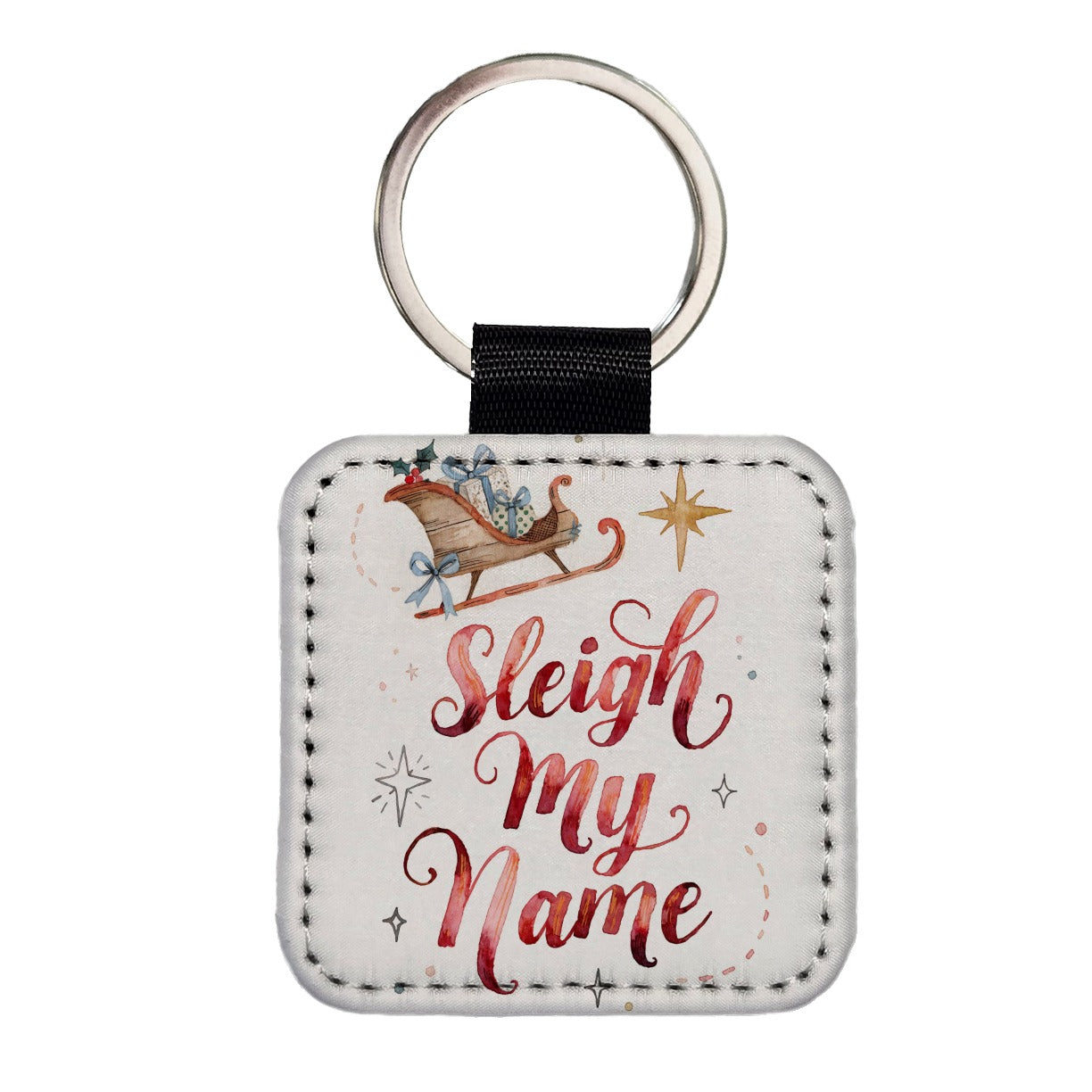 Sleigh Say My Name Christmas Square Faux Leather Keychain