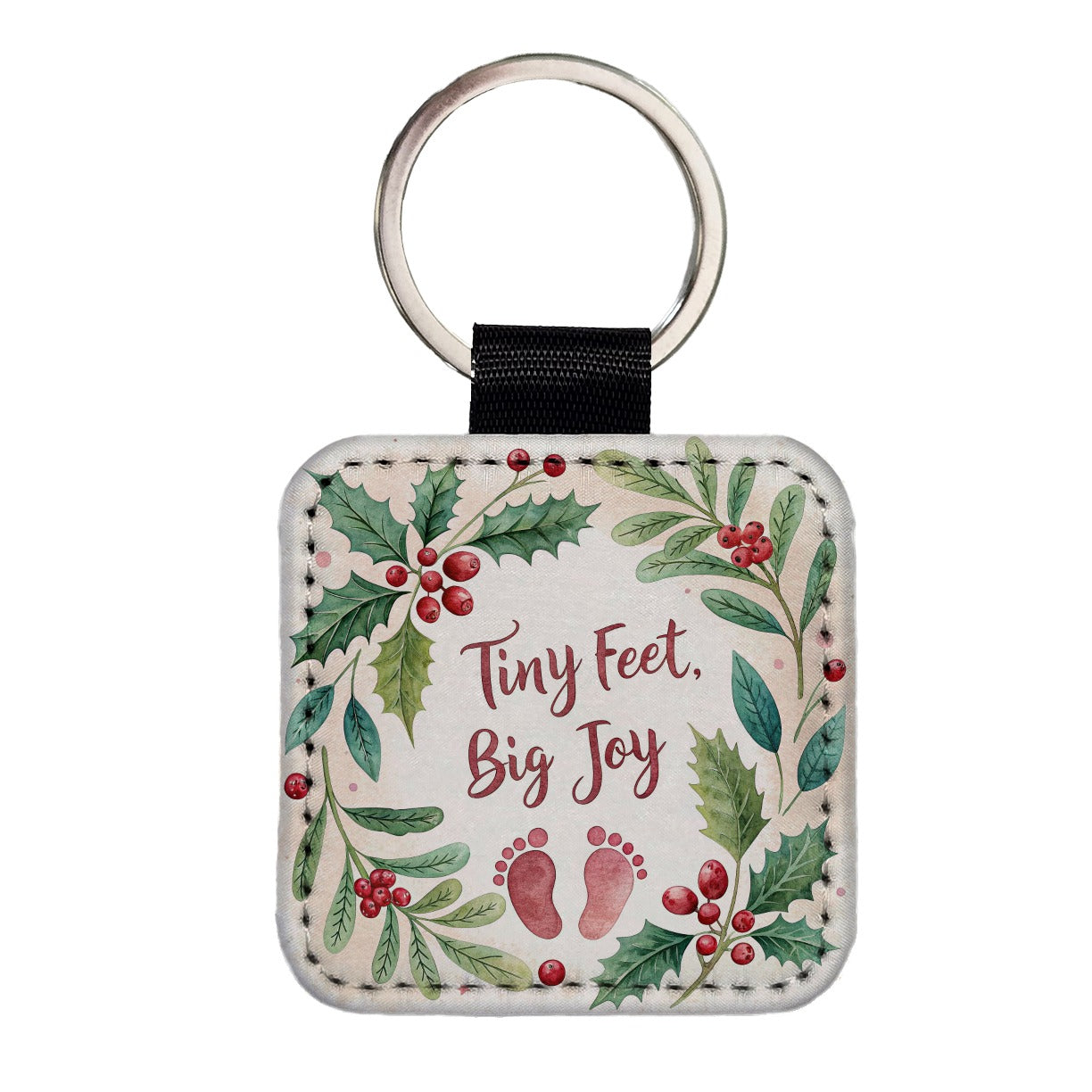 Tiny Feet Big Joy Baby Christmas Square Faux Leather Keychain