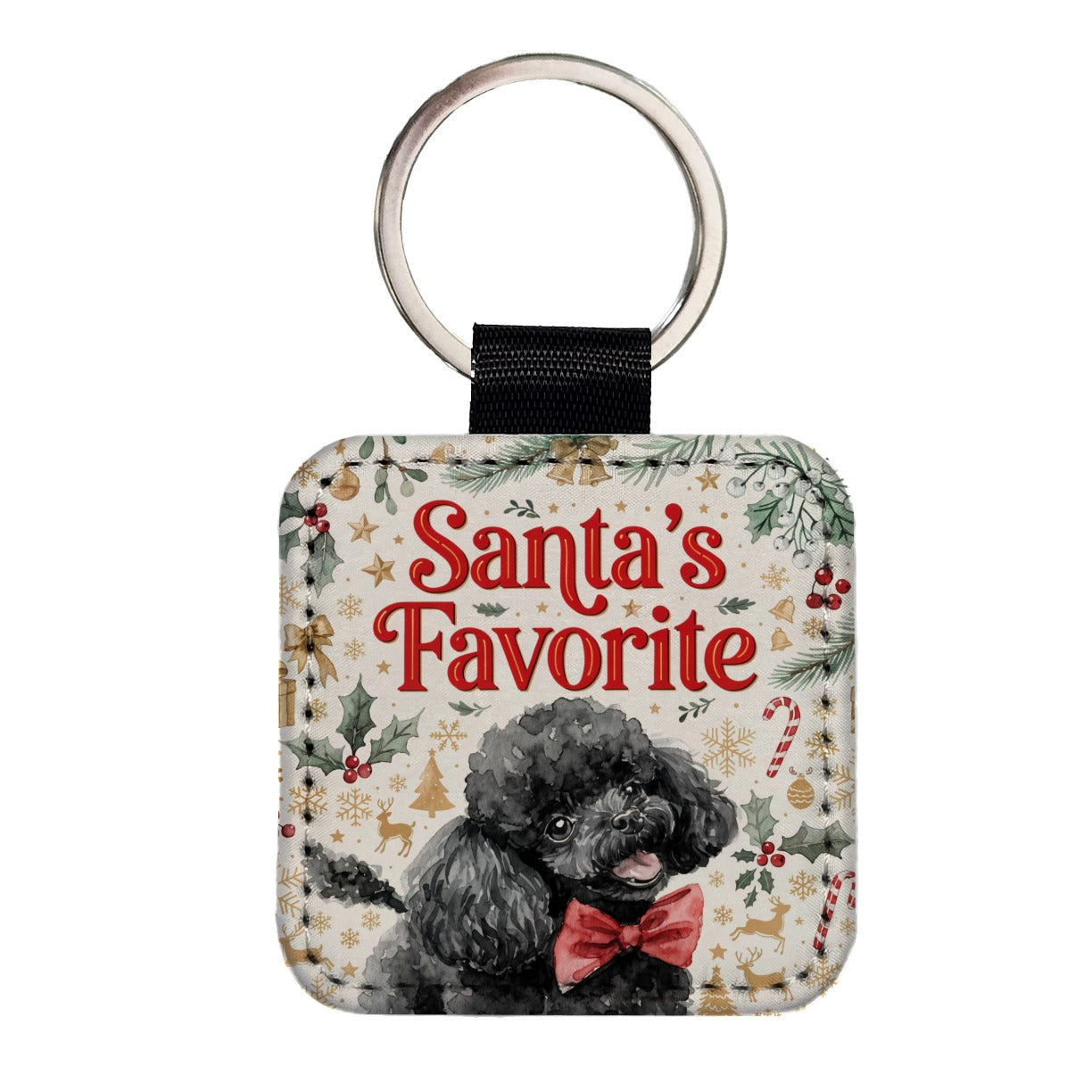 Toy Poodle Dog Christmas Santa's Favorite Square Faux Leather Keychain