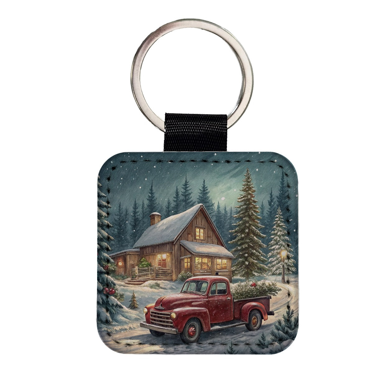 Vintage Americana Christmas Tree In Red Truck Square Faux Leather Keychain