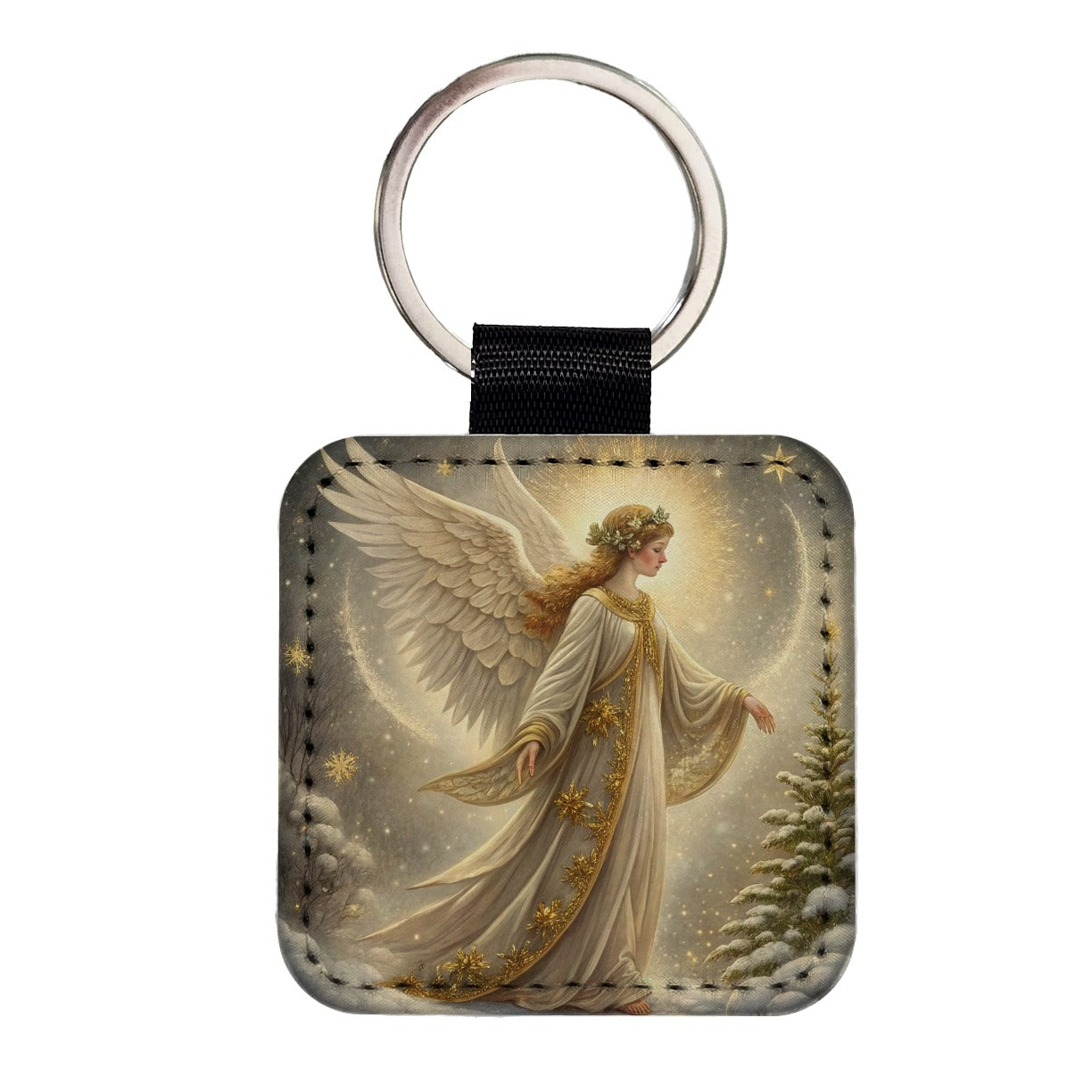 Vintage Christmas Angel Elegant Square Faux Leather Keychain