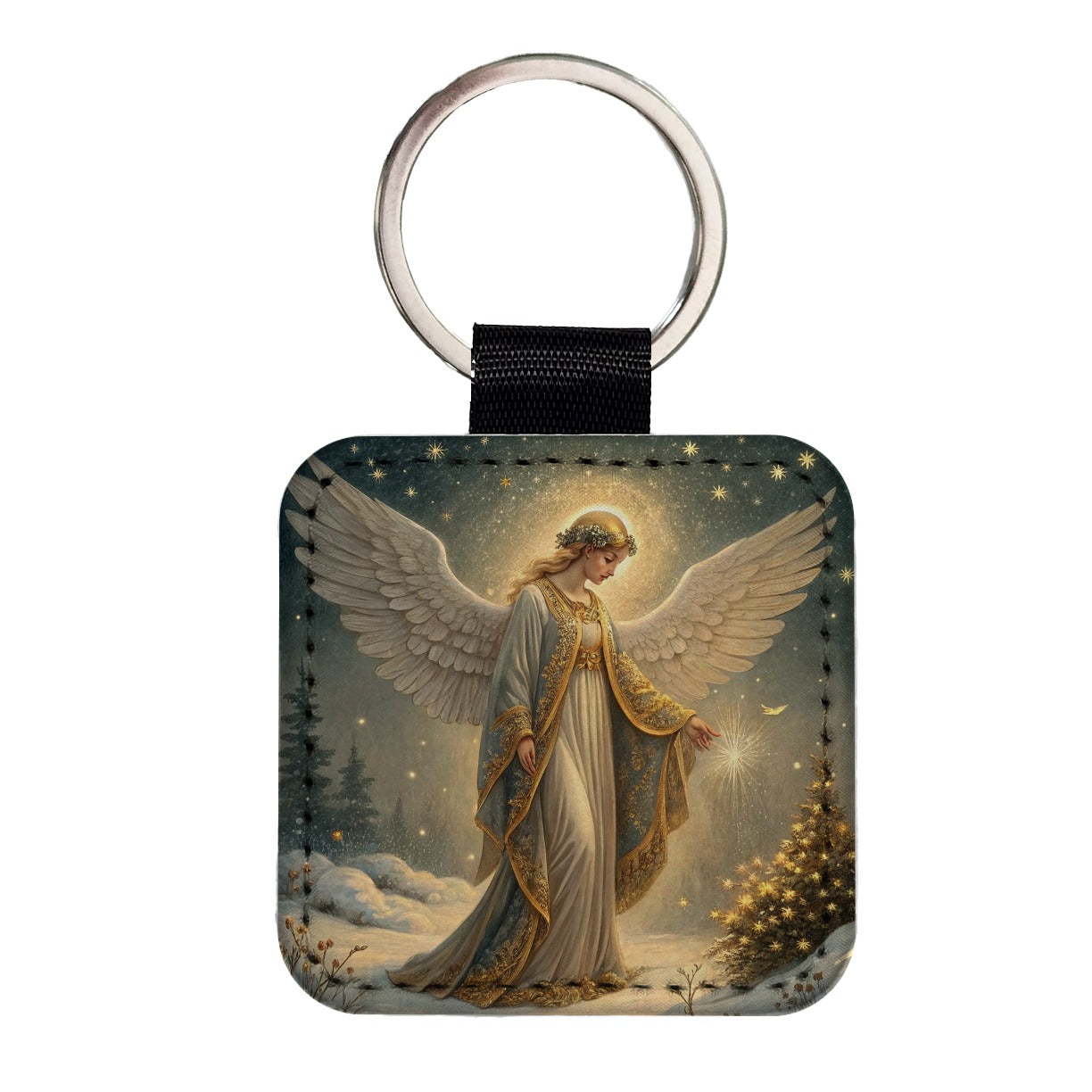 Vintage Victorian Christmas Angel Square Faux Leather Keychain