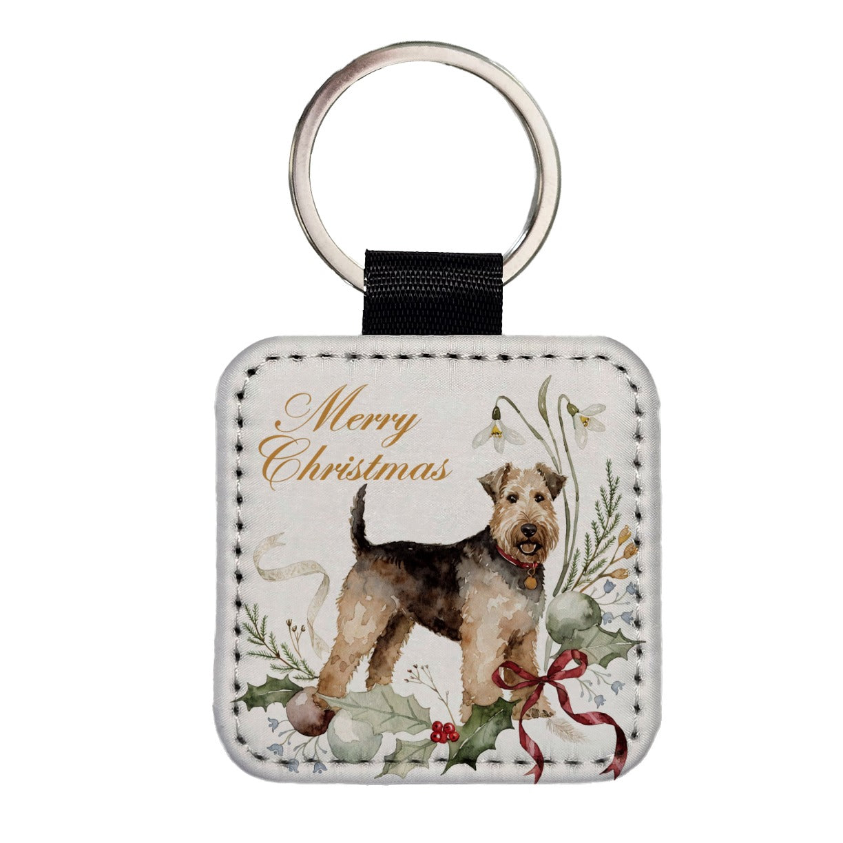 Welsh Terrier Dog Merry Christmas Square Faux Leather Keychain