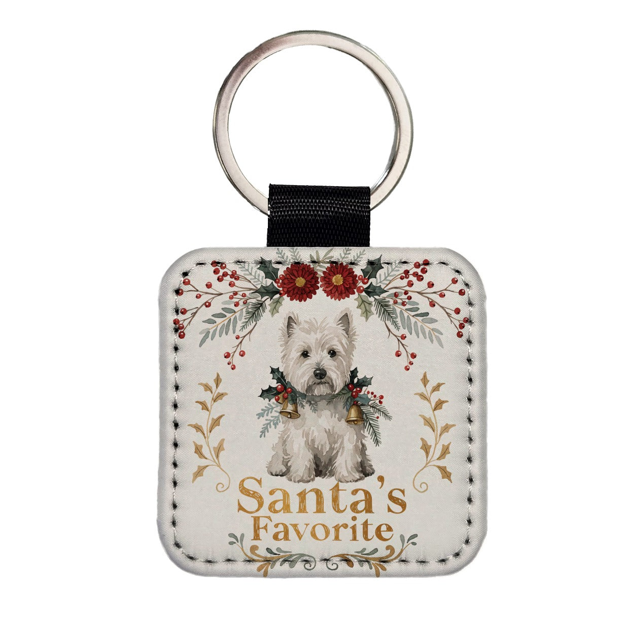 West Highland White Terrier Westie Dog Christmas Santa's Favorite Square Faux Leather Keychain