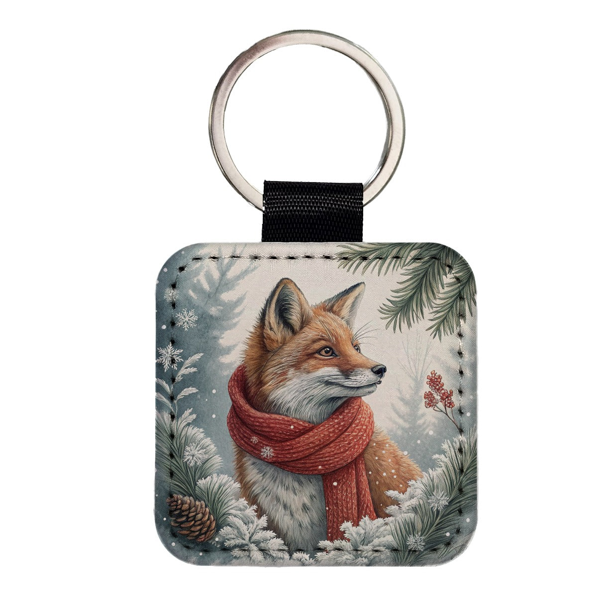 Winter Fox With Scarf Christmas Square Faux Leather Keychain