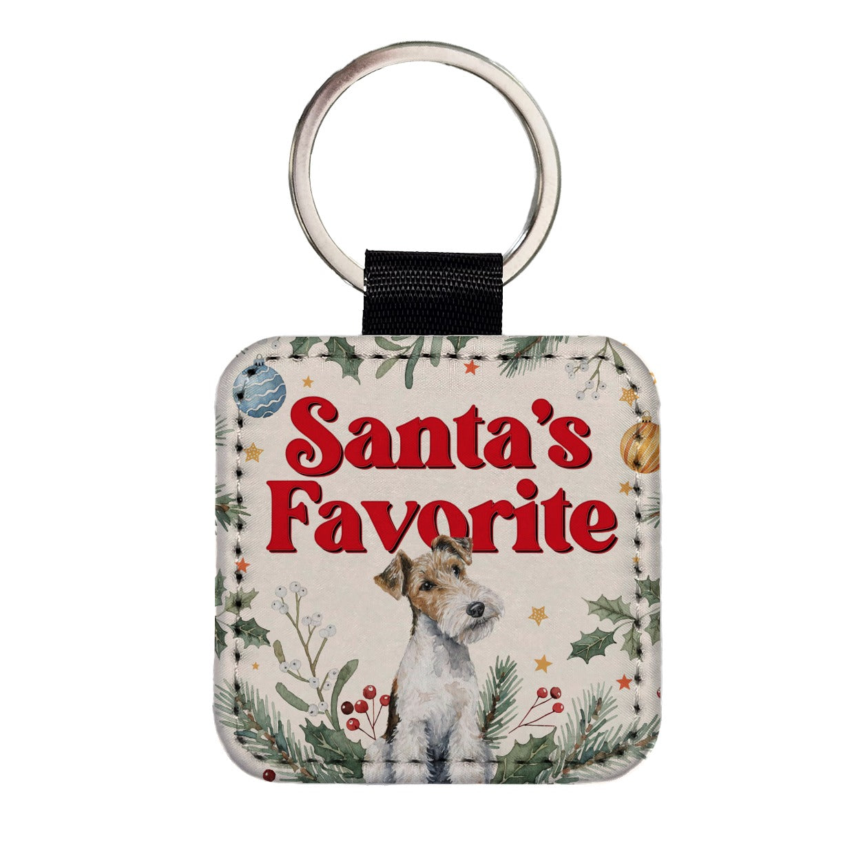 Wire Fox Terrier Dog Christmas Santa's Favorite Square Faux Leather Keychain