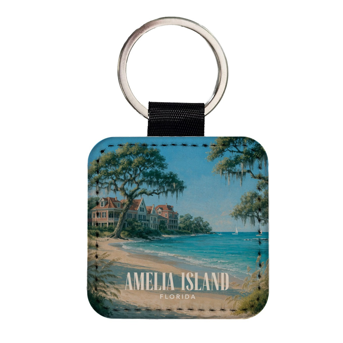 Amelia Island Florida Travel Square Faux Leather Keychain