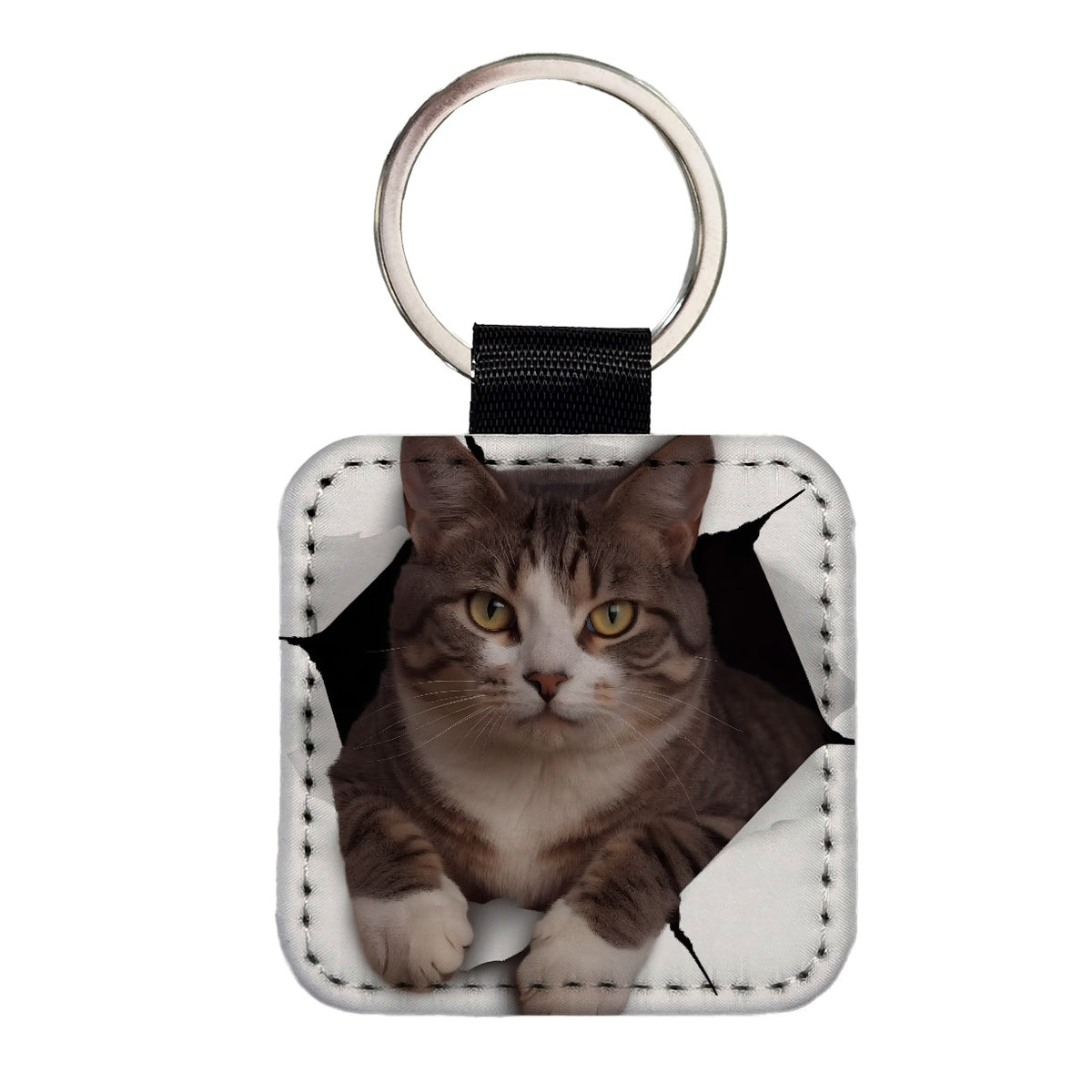 American Shorthaired Cat Breakout Square Faux Leather Keychain