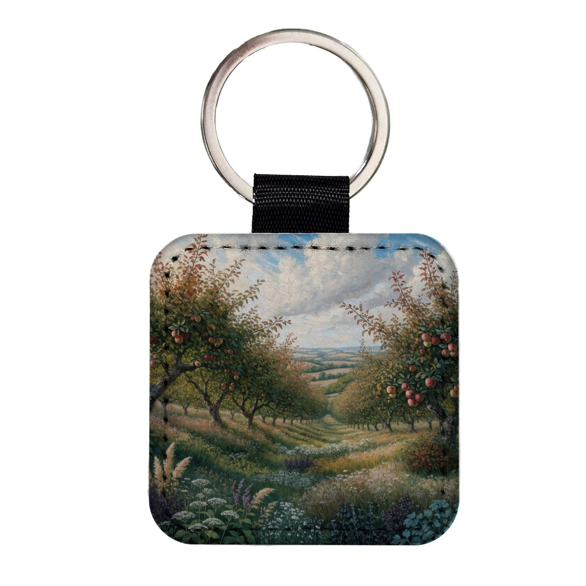 Apple Orchard Country Illustration Square Faux Leather Keychain