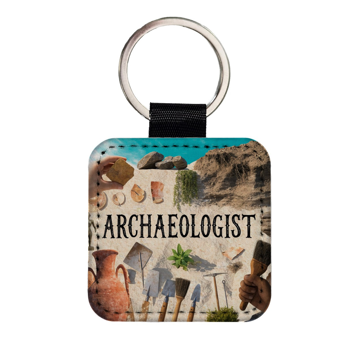 Archaeologist Square Faux Leather Keychain