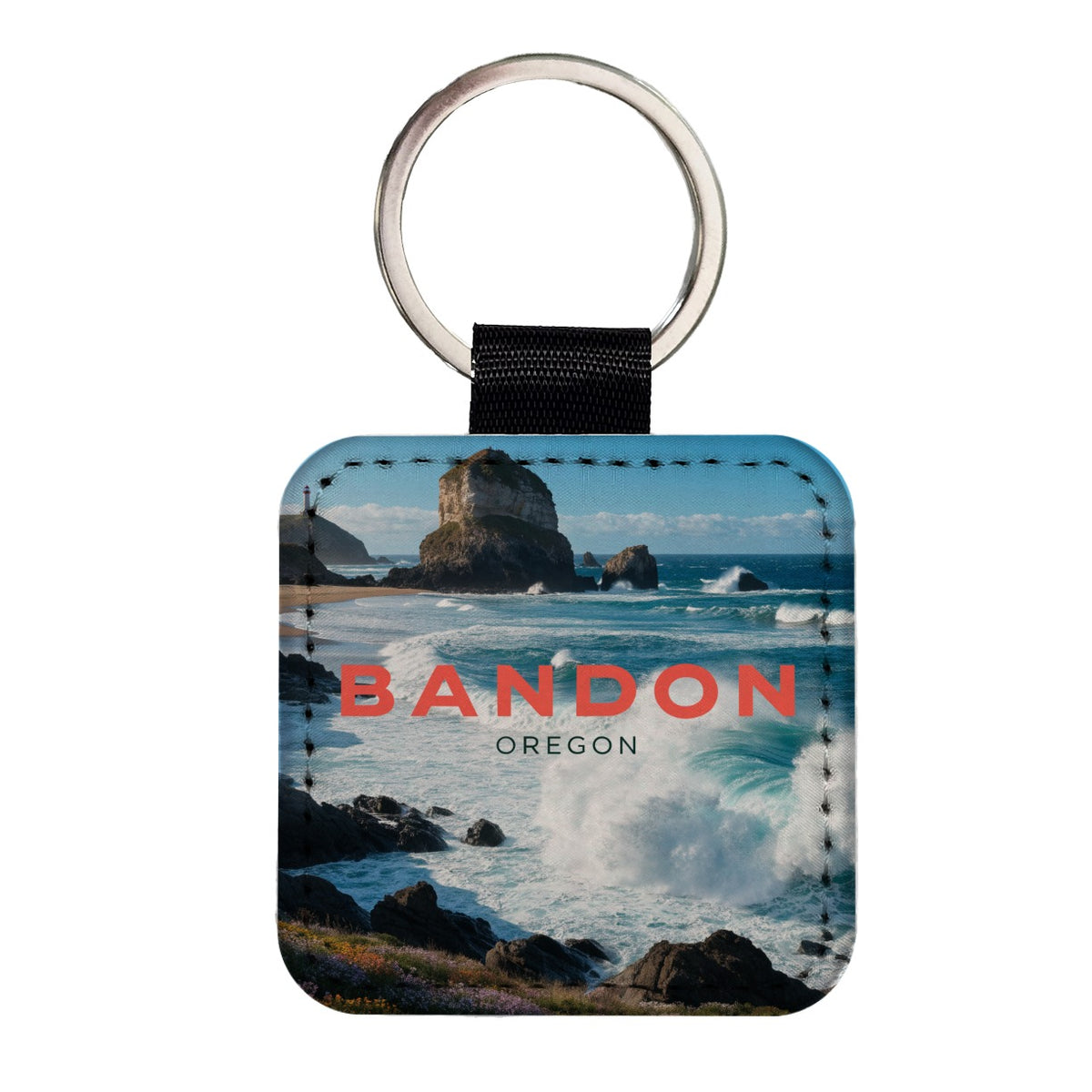 Bandon Oregon Travel Square Faux Leather Keychain