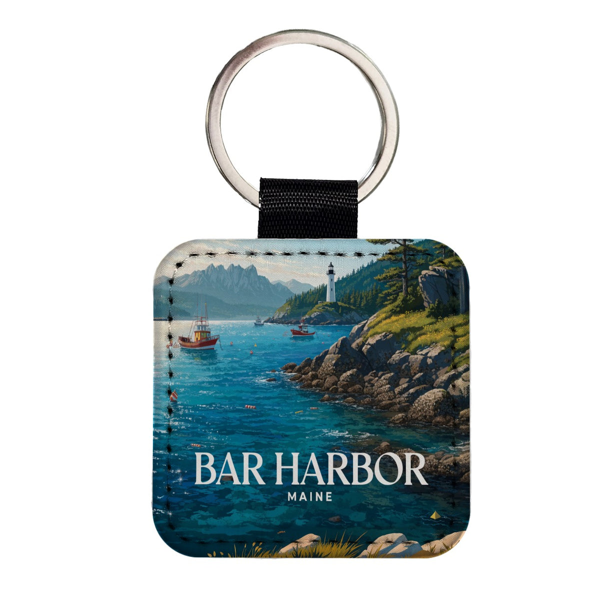 Bar Harbor Maine Travel Square Faux Leather Keychain