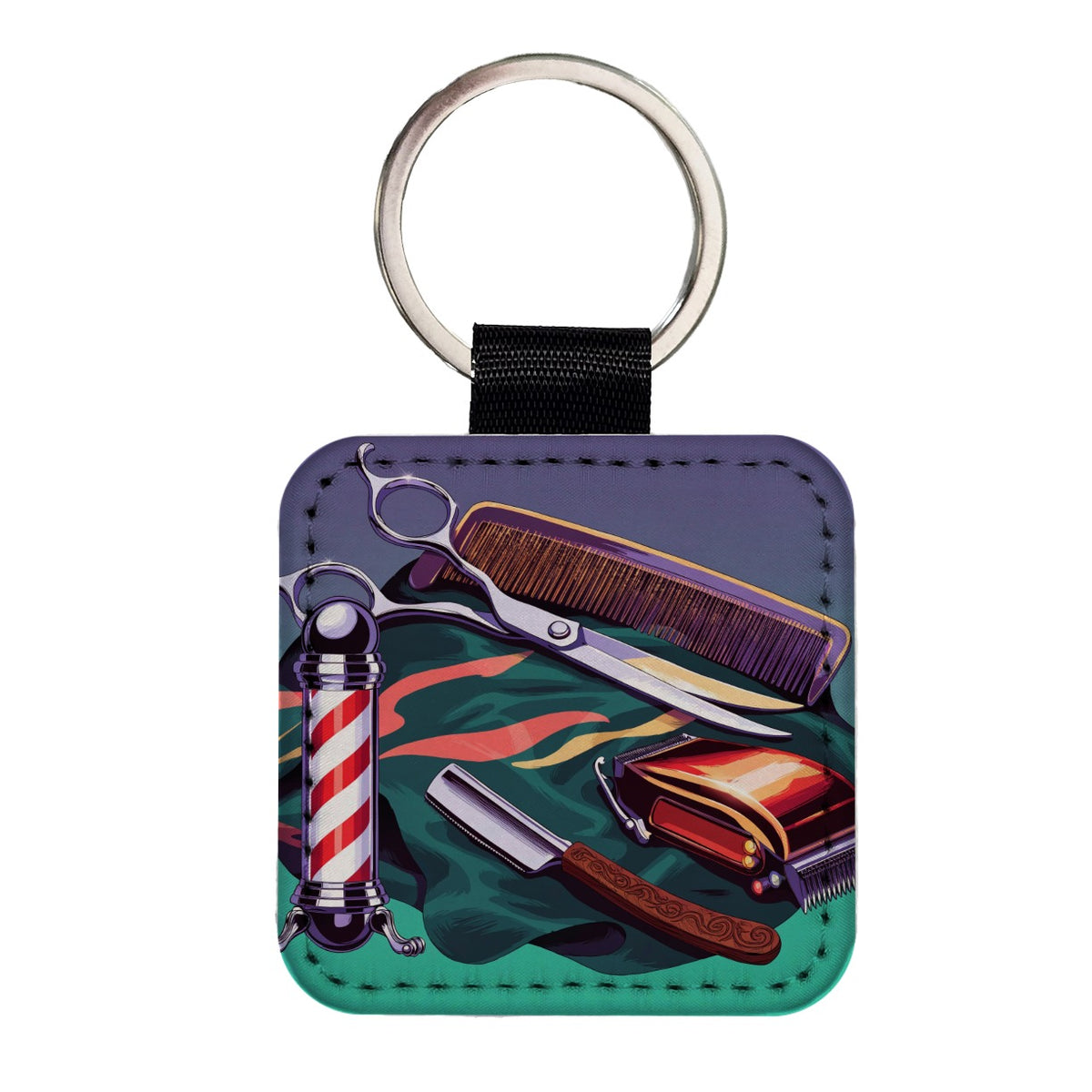 Barber Barbershop Tools Square Faux Leather Keychain