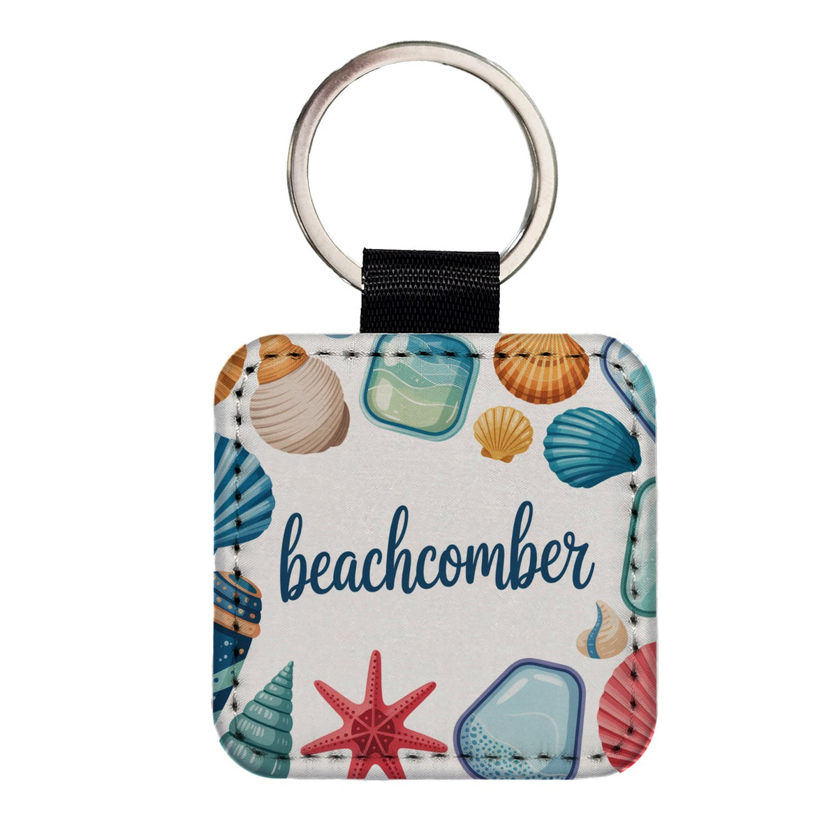Beachcomber Seashells Sea Glass Square Faux Leather Keychain