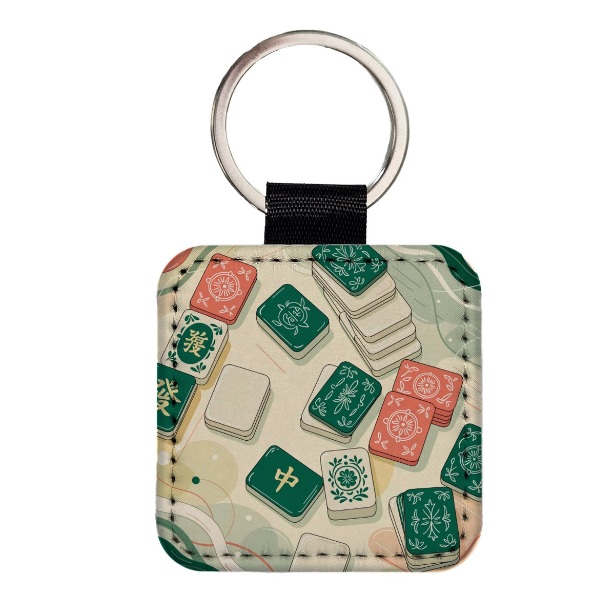Beautiful Mahjong Tiles Square Faux Leather Keychain