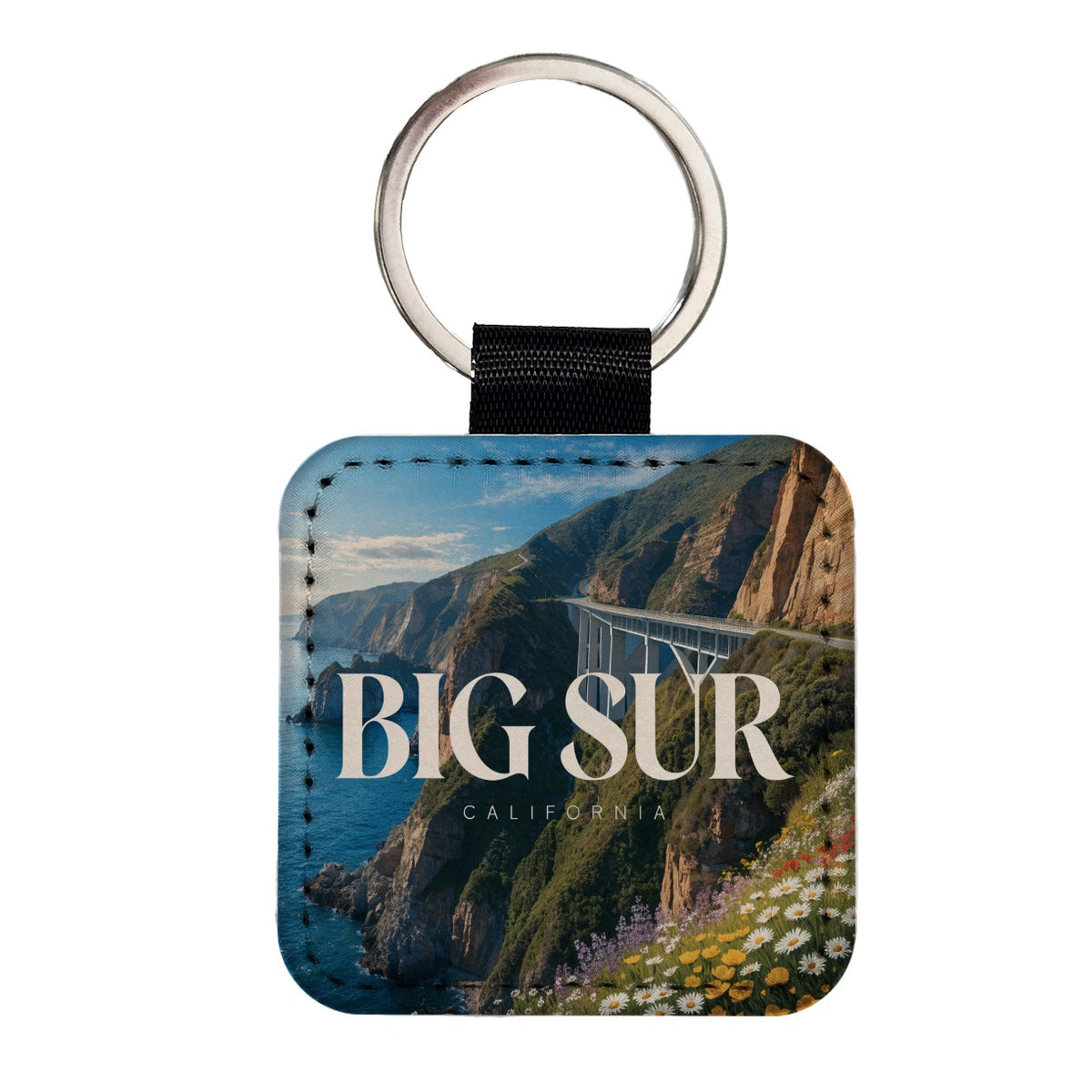 Big Sur California Travel Square Faux Leather Keychain