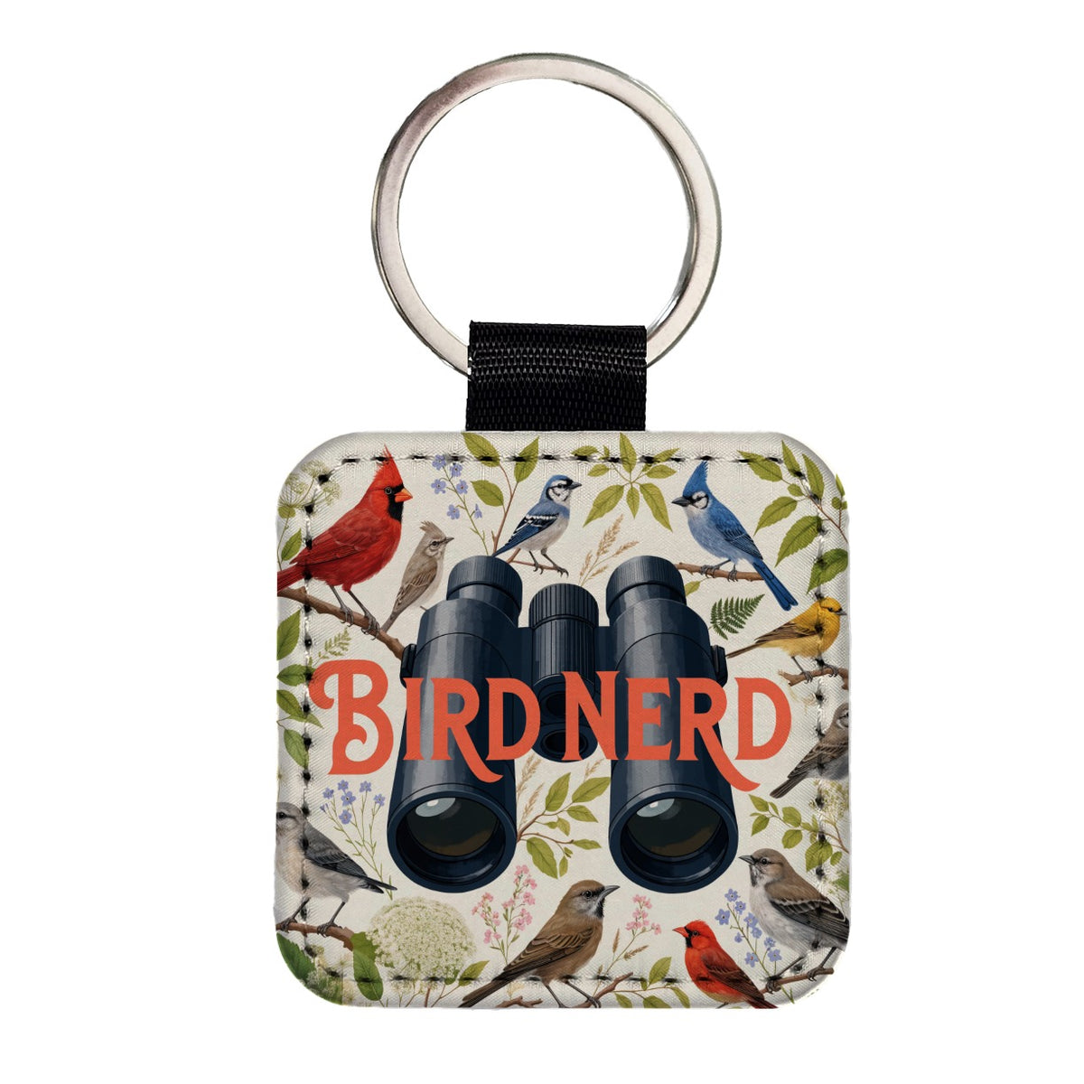 Bird Nerd Binoculars Birdwatching Square Faux Leather Keychain