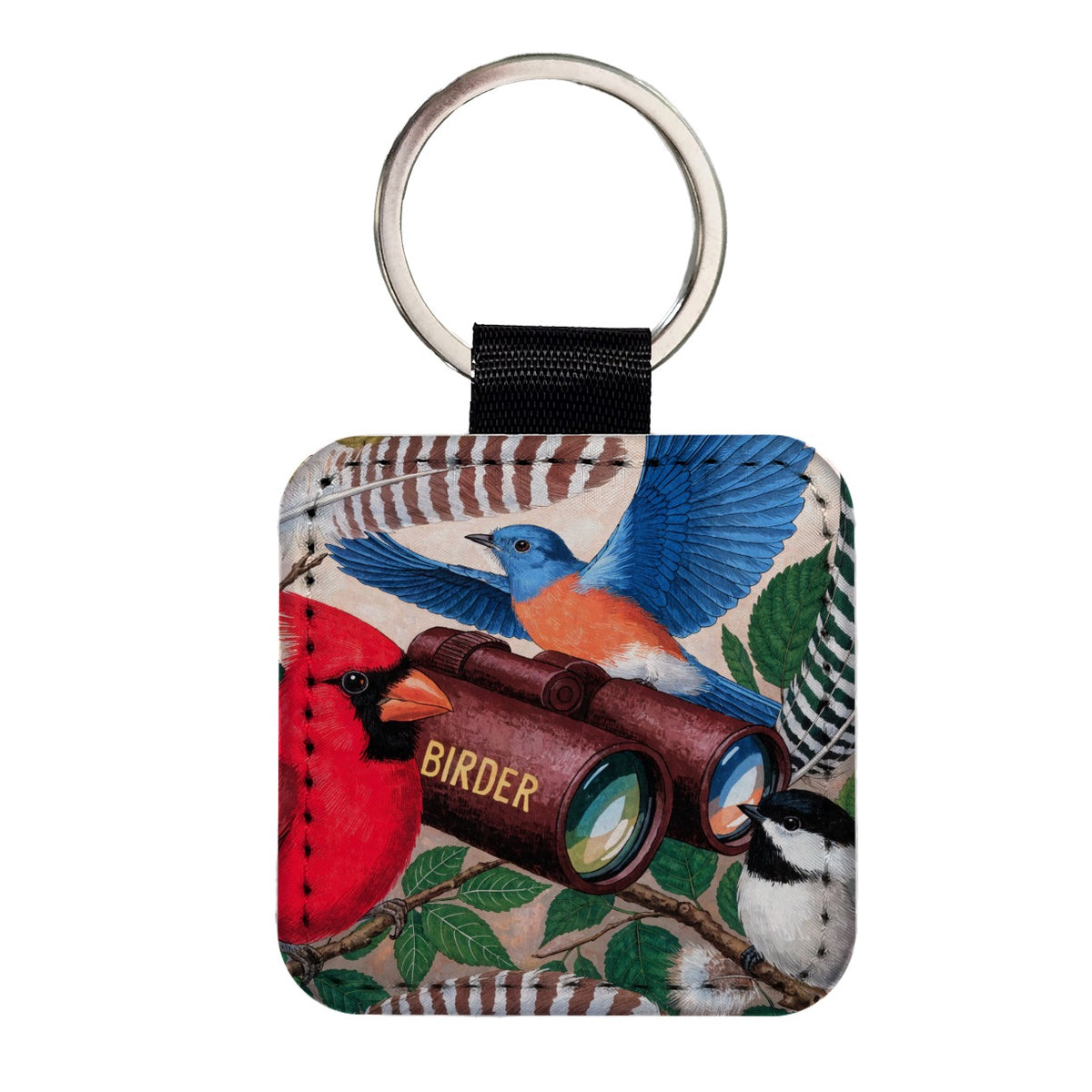 Birder Bird Lover Binoculars Square Faux Leather Keychain